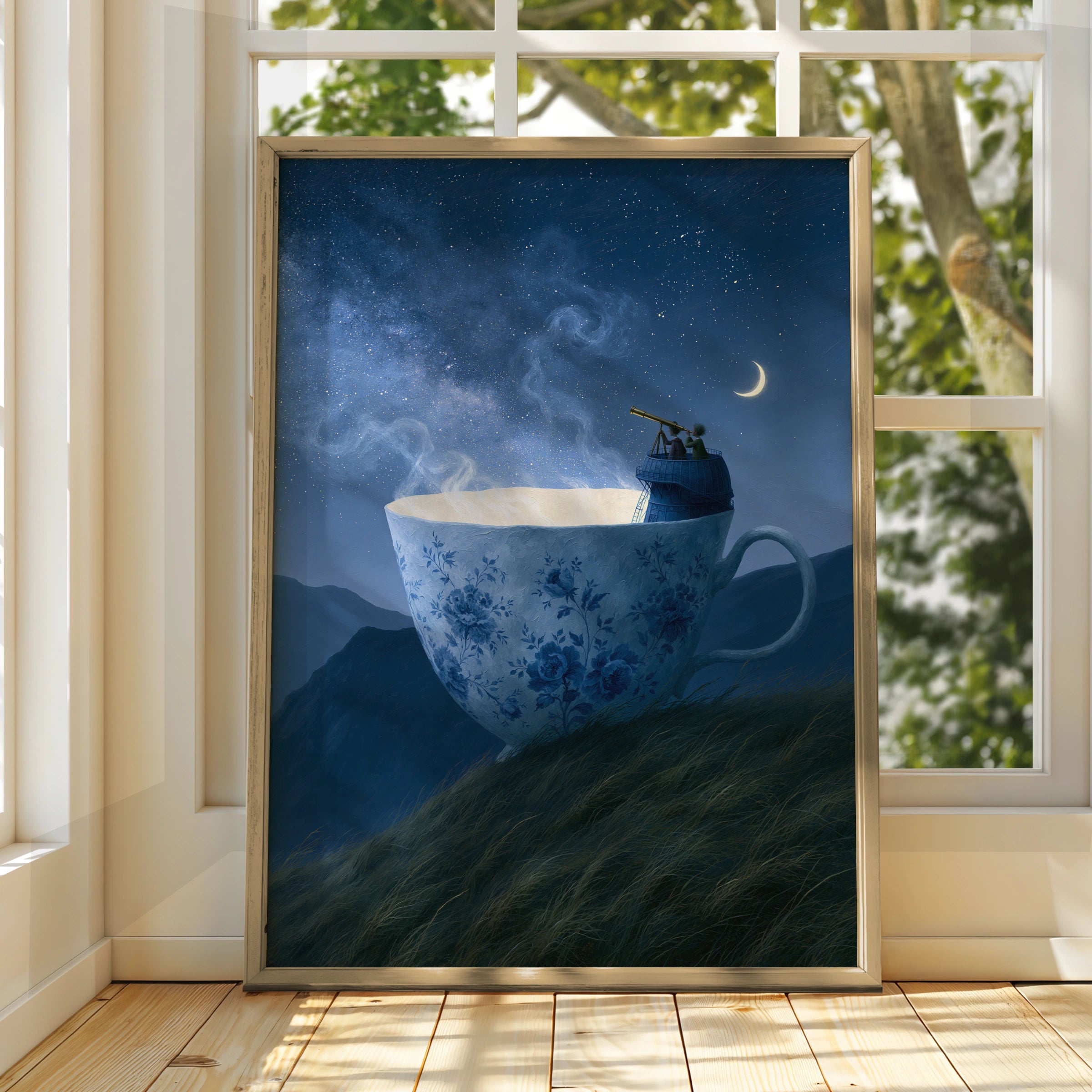 Teacup Hill Art Print, Whimsical Cosmic Journey, Unique Decor for Coffee Lovers