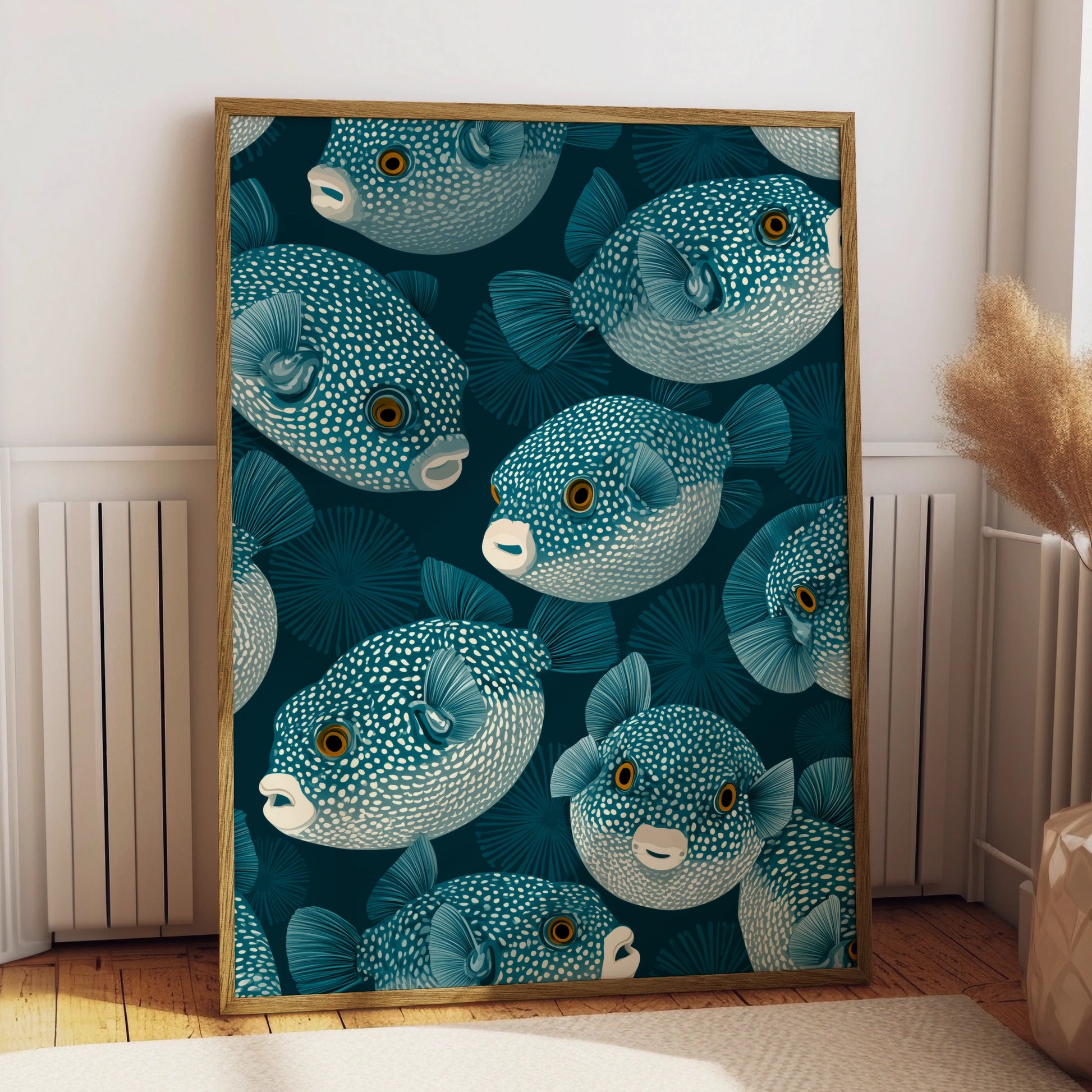 Pufferfish Pattern Art Print, Ocean Life Wall Decor, Teal Fish Illustration