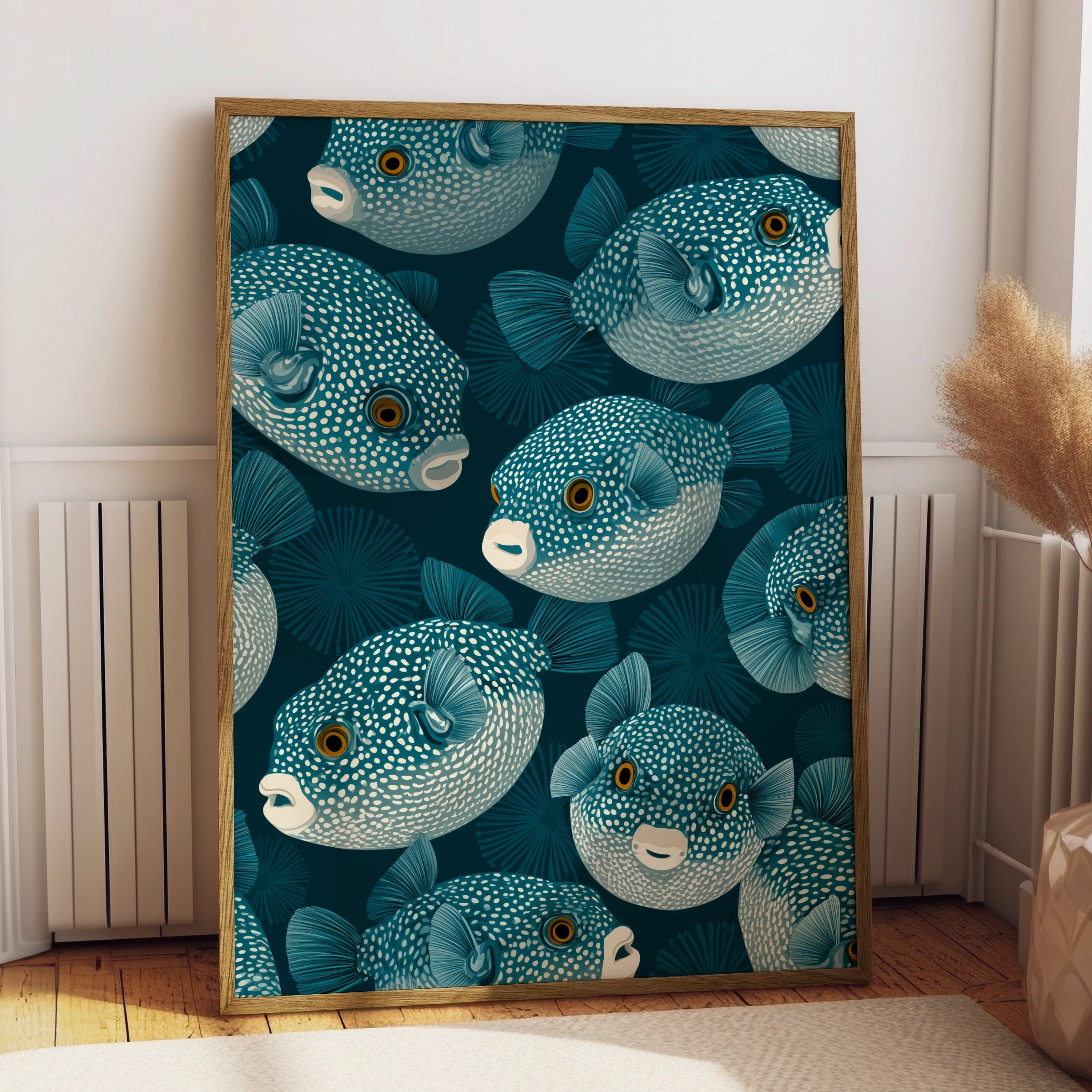Pufferfish Pattern Art Print, Ocean Life Wall Decor, Teal Fish Illustration