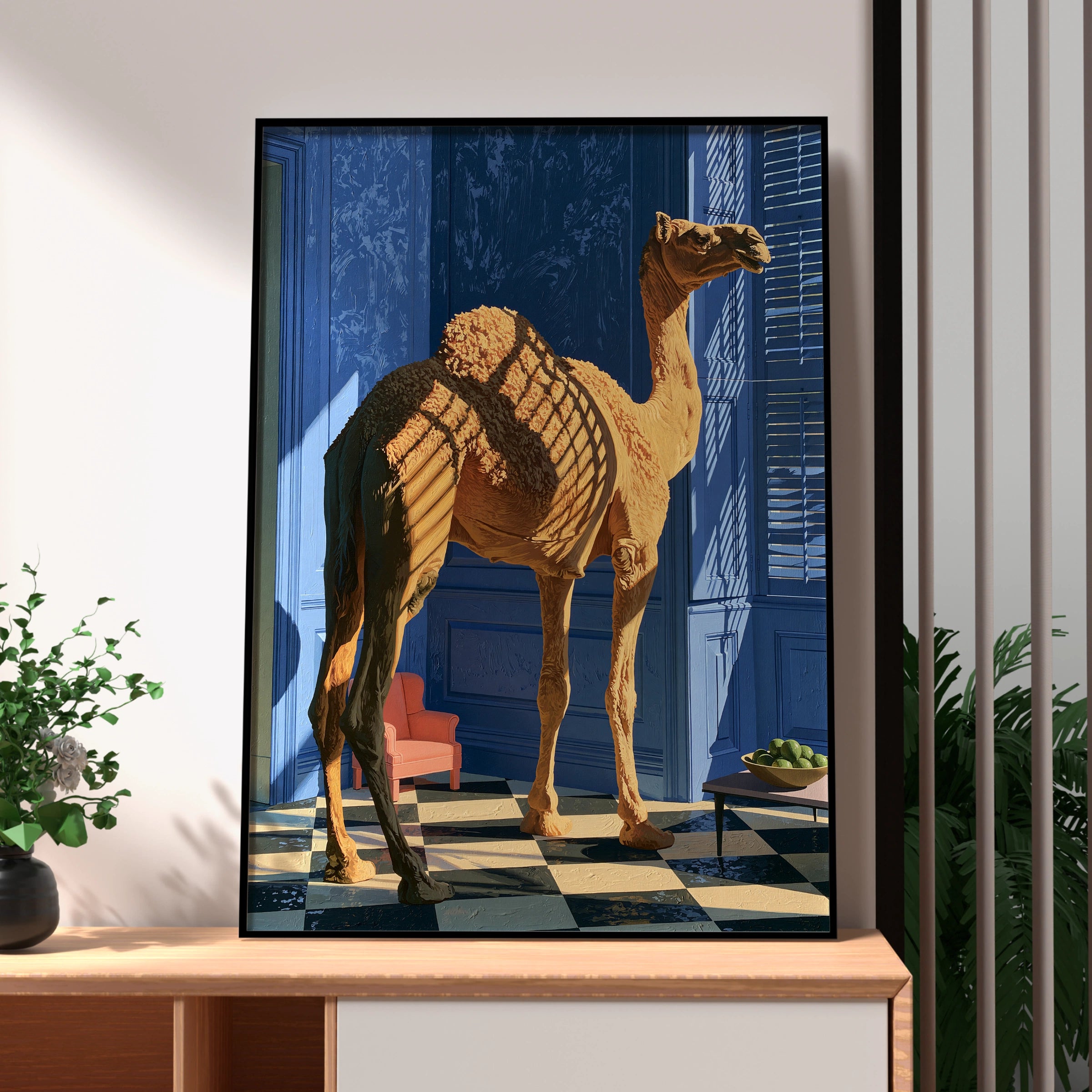 Camel in Blue Room Art Print, Unique Wall Decor, Vibrant Minimalism, Contemporary Home Design