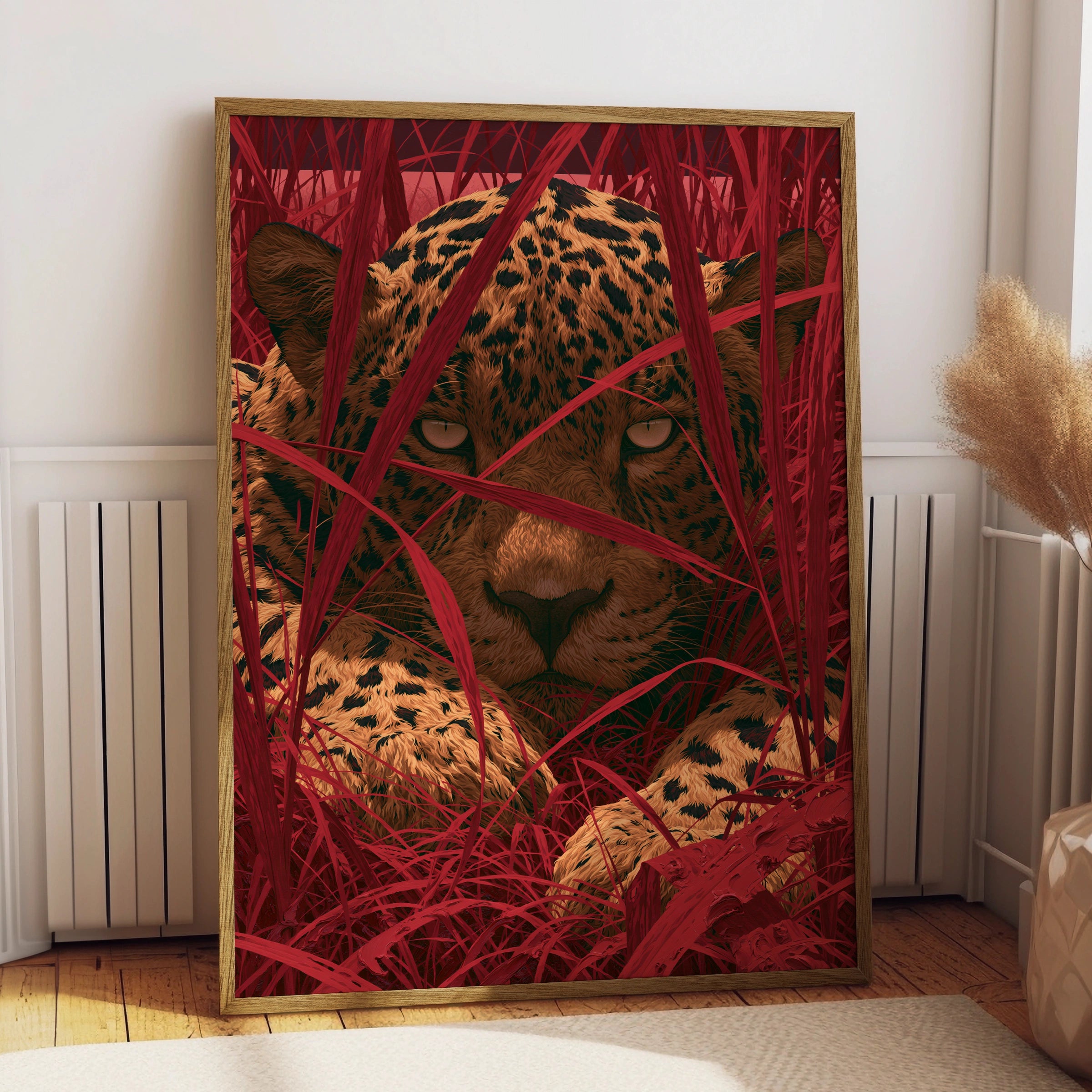 Jaguar Stalking, Animal Wall Art, Bold Red Leaves, Modern Digital Print