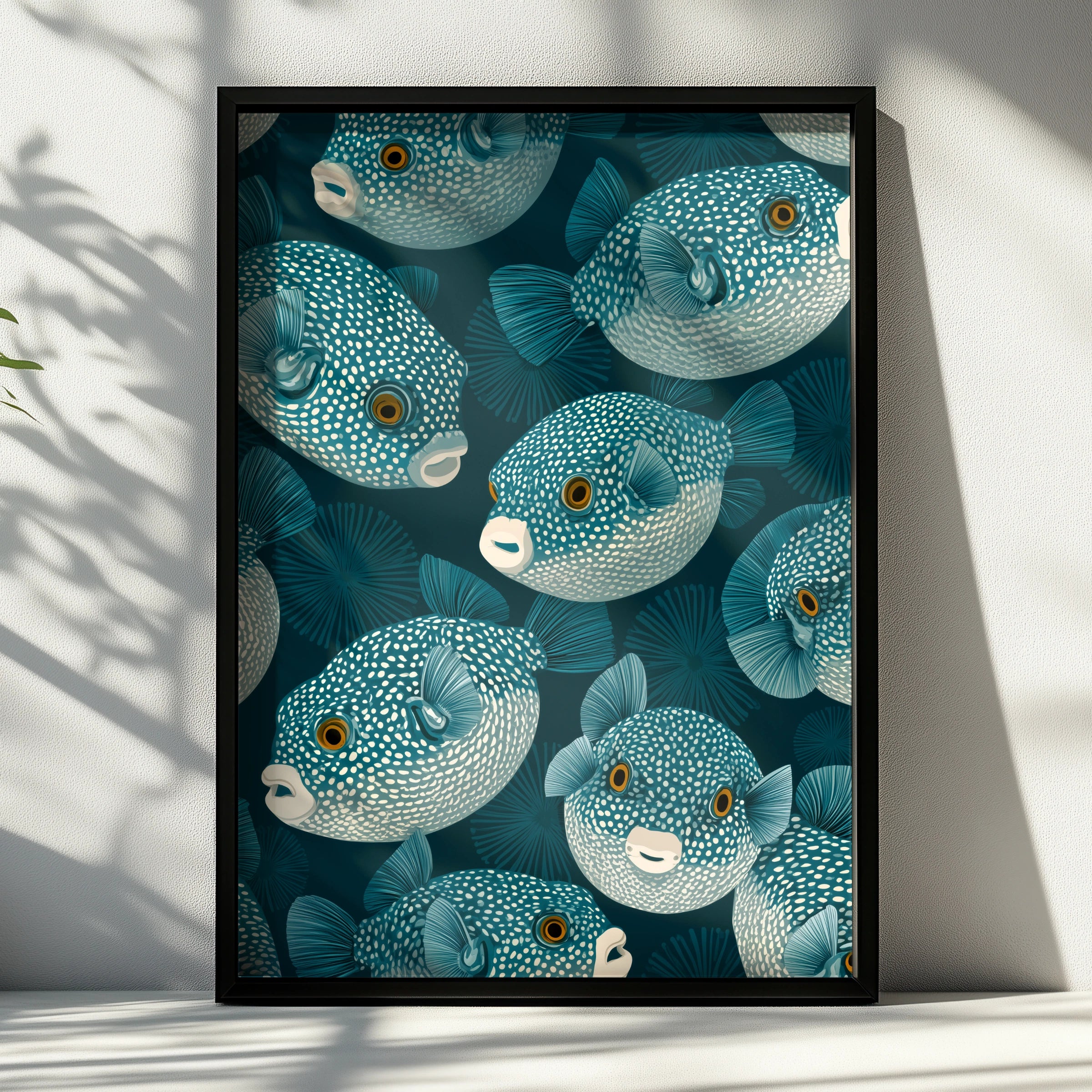 Pufferfish Pattern Art Print, Ocean Life Wall Decor, Teal Fish Illustration
