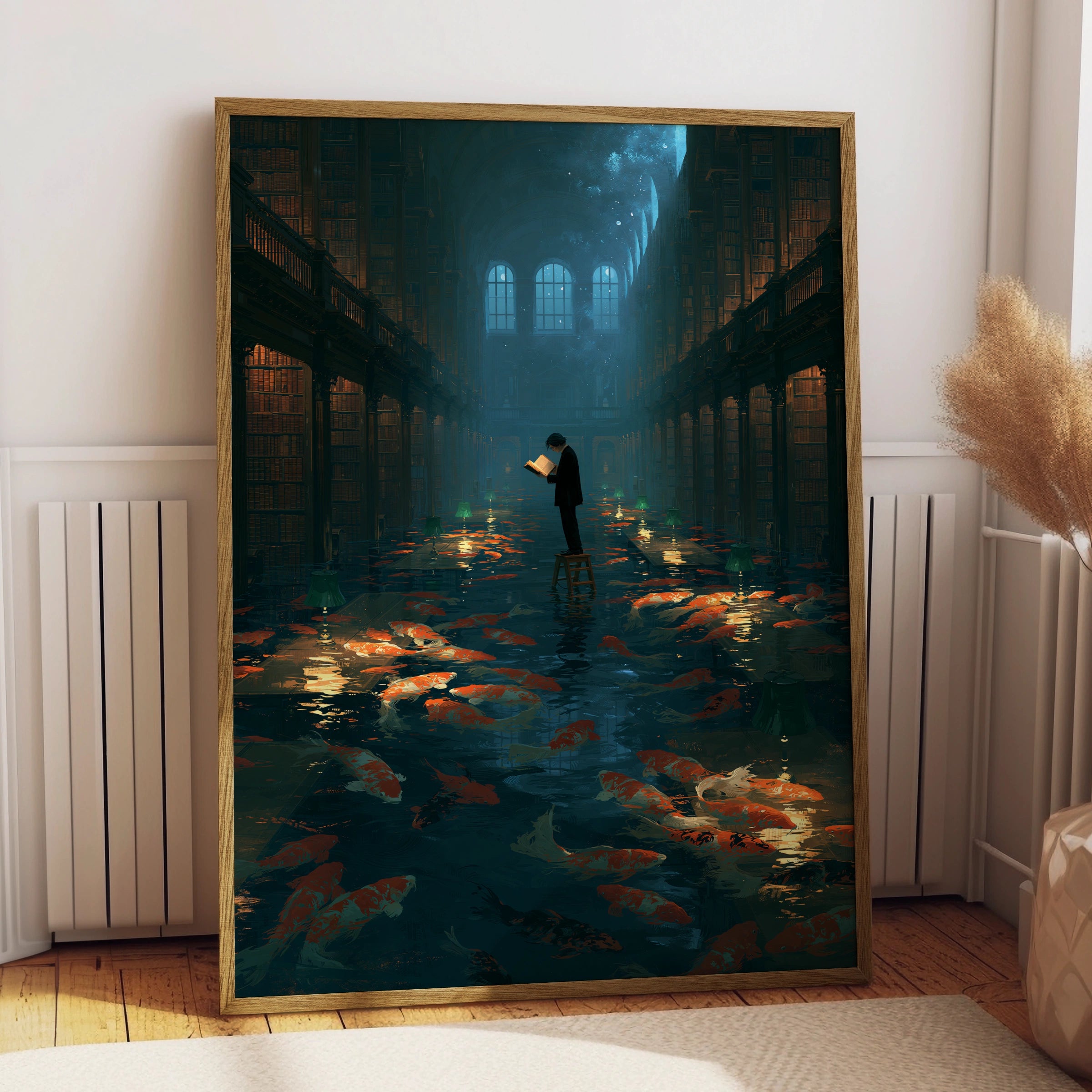 Koi Fish in Library Scene, Printable Wall Art, Dreamy, Magical Atmosphere