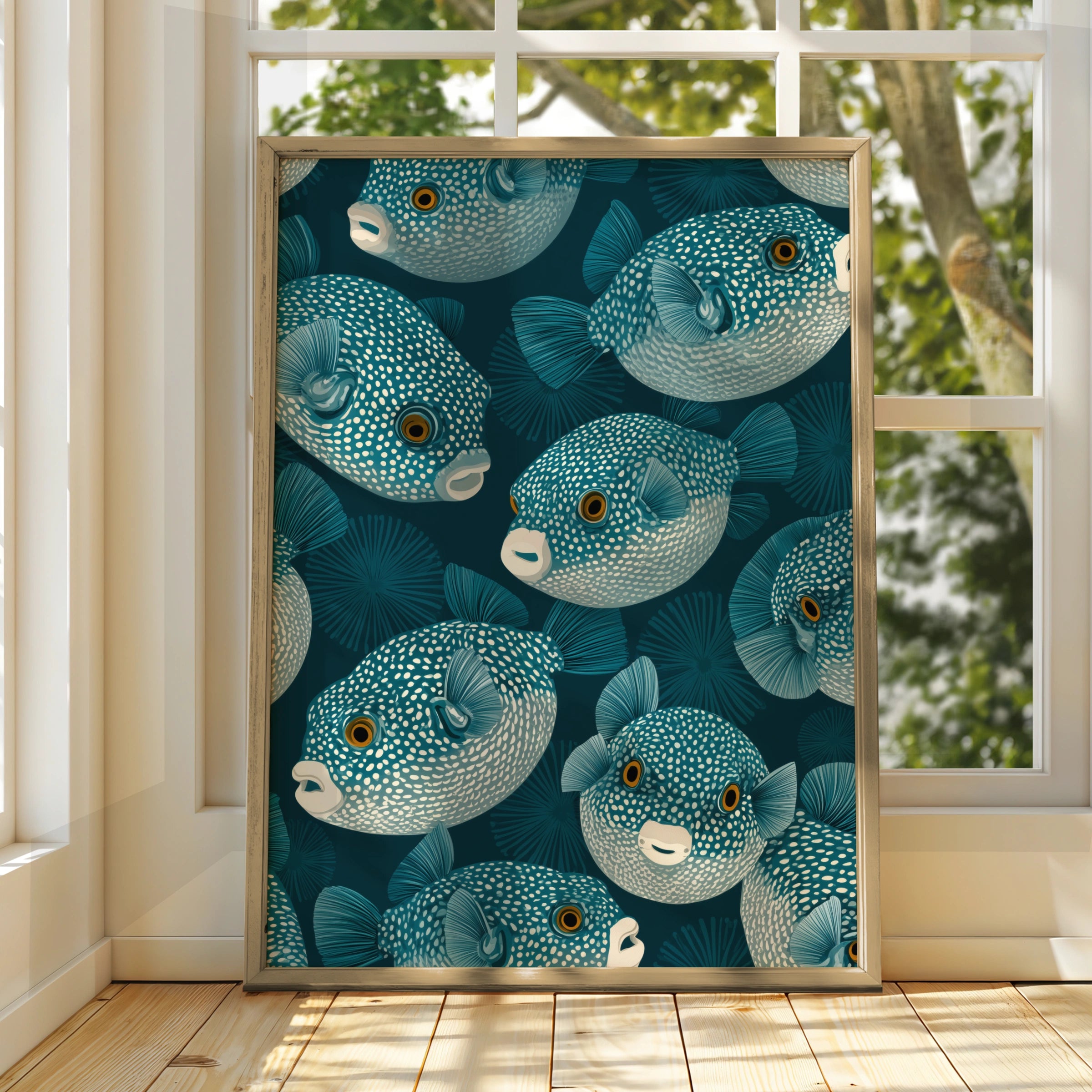 Pufferfish Pattern Art Print, Ocean Life Wall Decor, Teal Fish Illustration