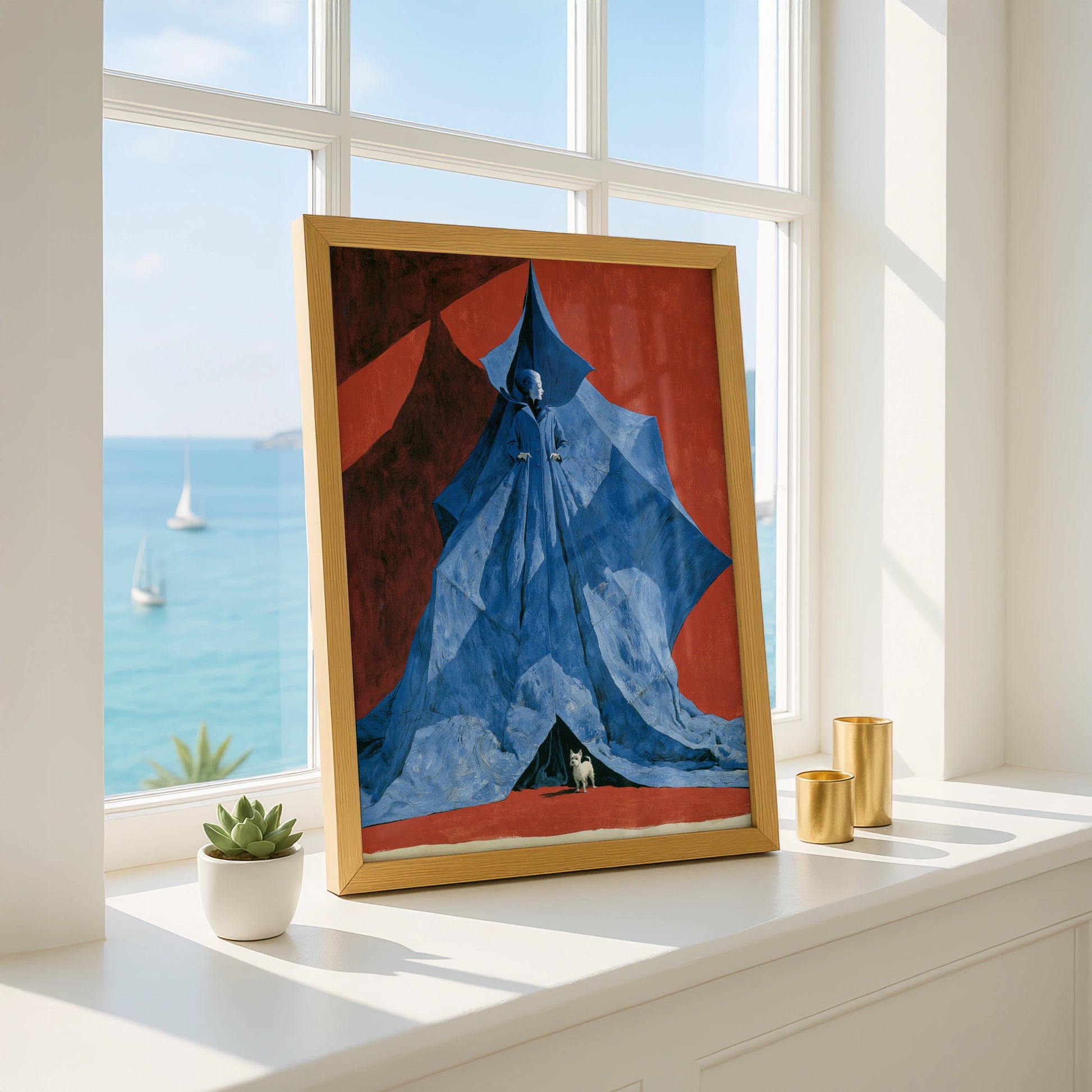 Blue Dog, Woman in Blue Cloak, Artistic Print, Bold Illustration, Wall Decor