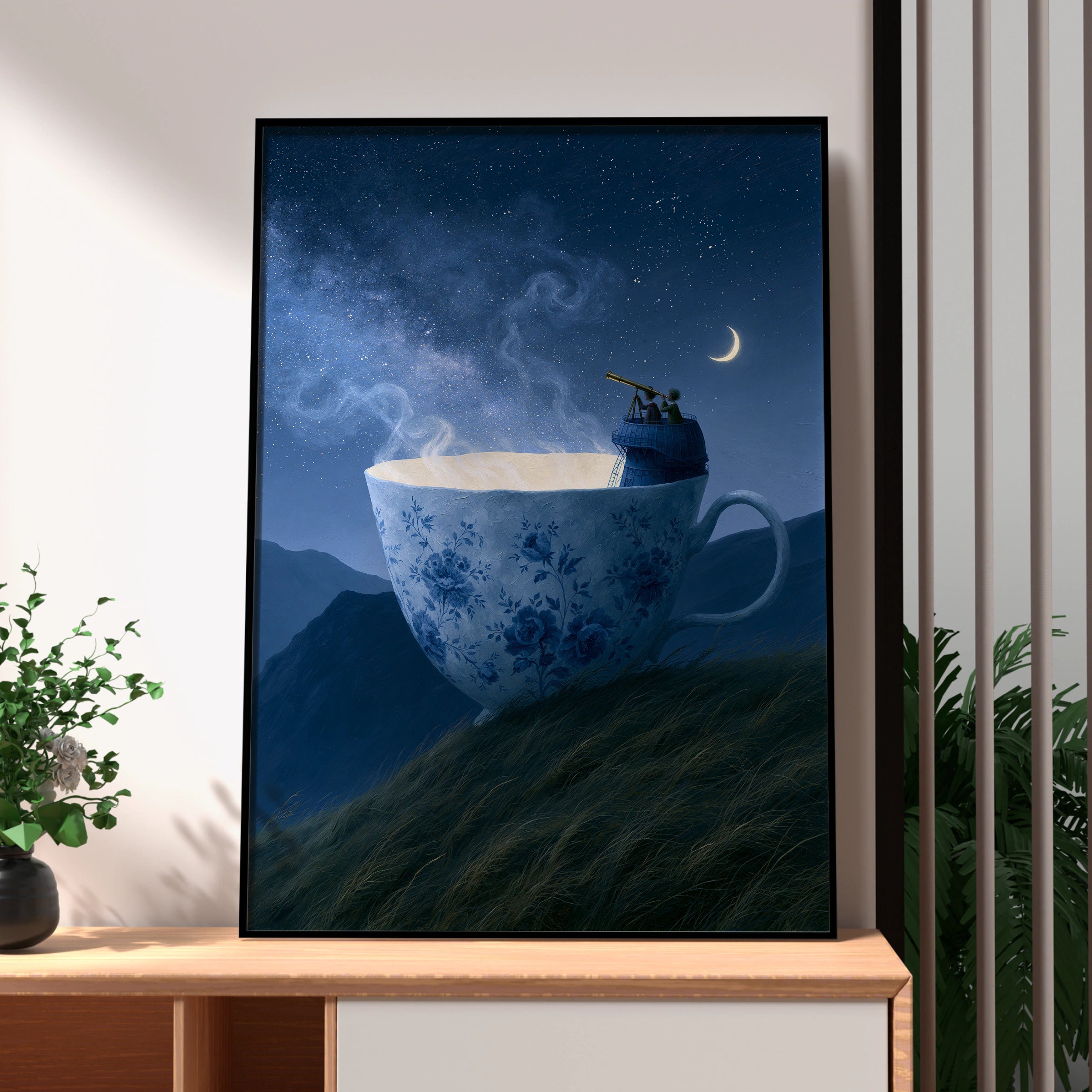 Teacup Hill Art Print, Whimsical Cosmic Journey, Unique Decor for Coffee Lovers