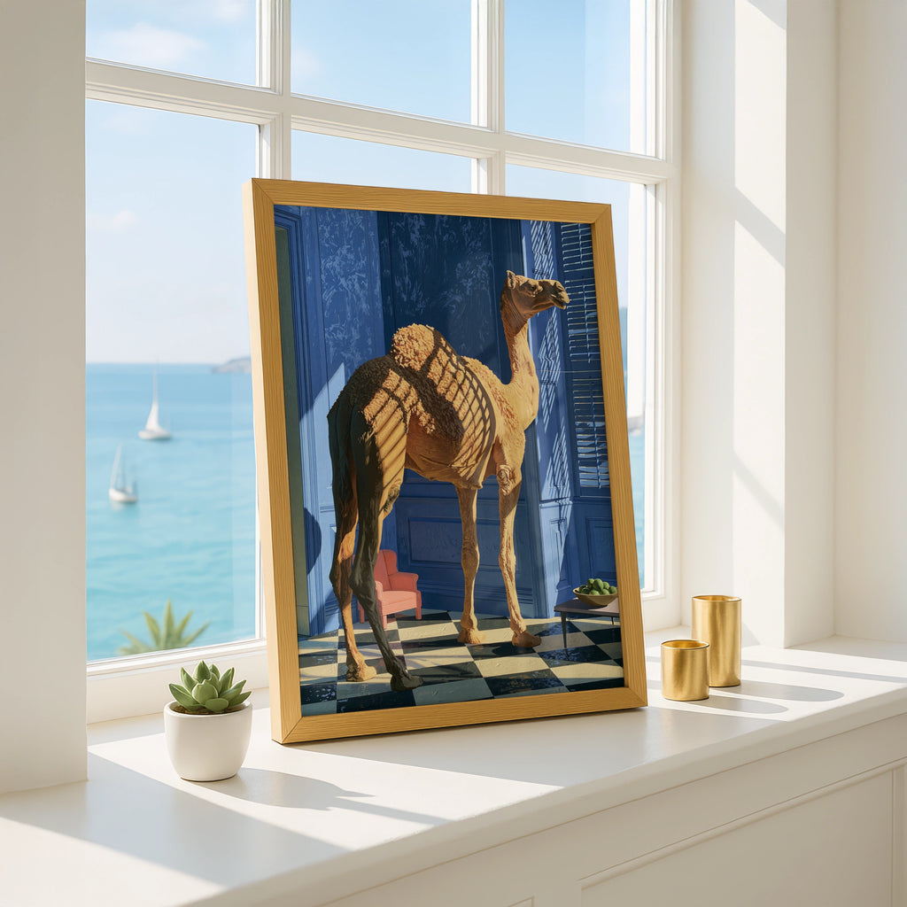 Camel in Blue Room Art Print, Unique Wall Decor, Vibrant Minimalism, Contemporary Home Design