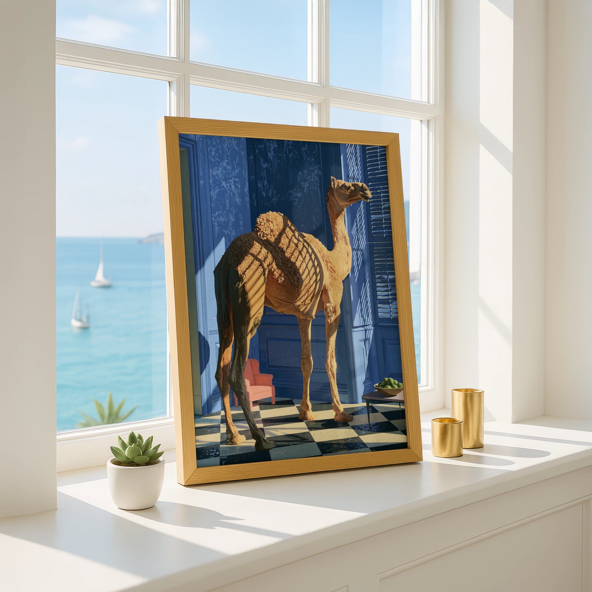 Camel in Blue Room Art Print, Unique Wall Decor, Vibrant Minimalism, Contemporary Home Design