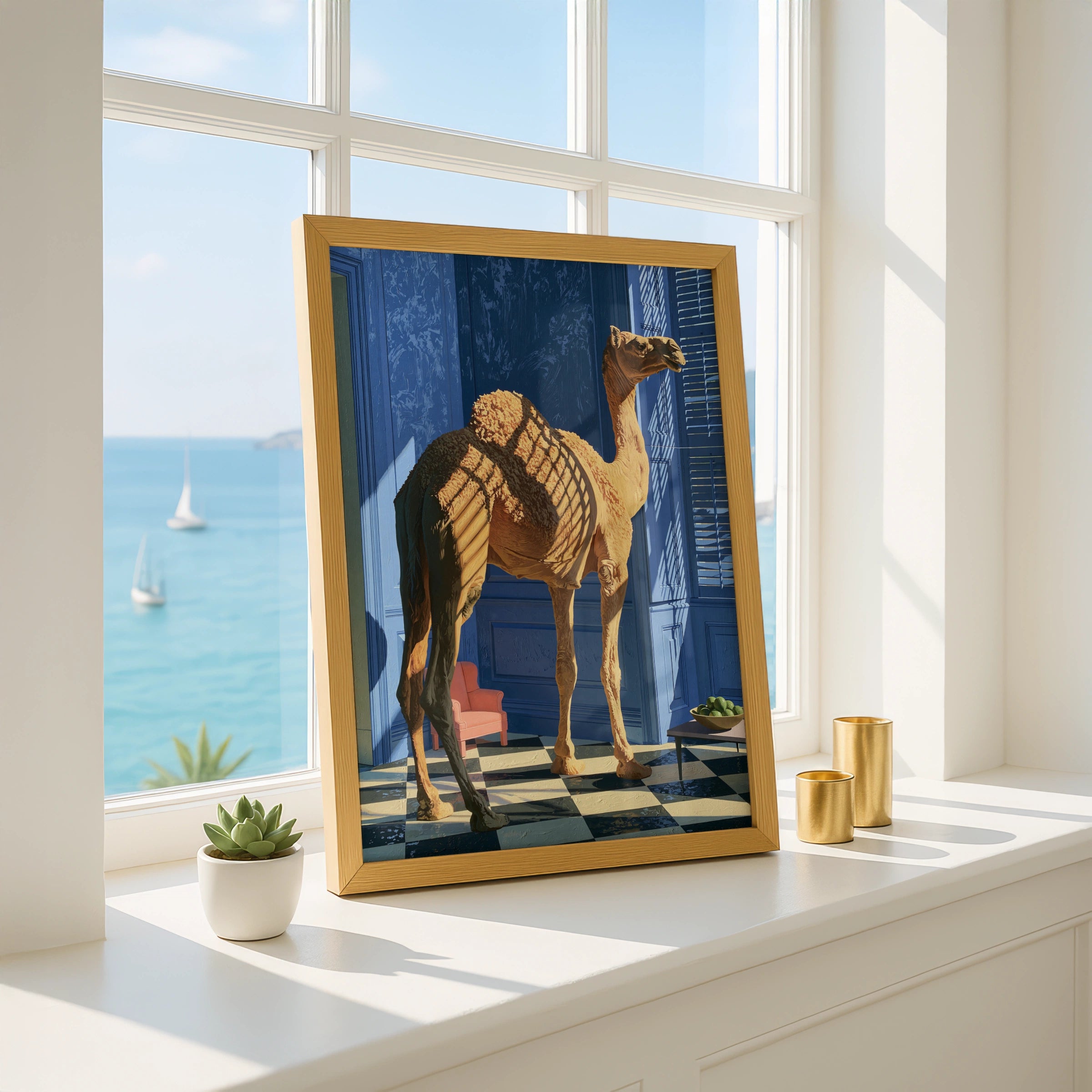 Camel in Blue Room Art Print, Unique Wall Decor, Vibrant Minimalism, Contemporary Home Design