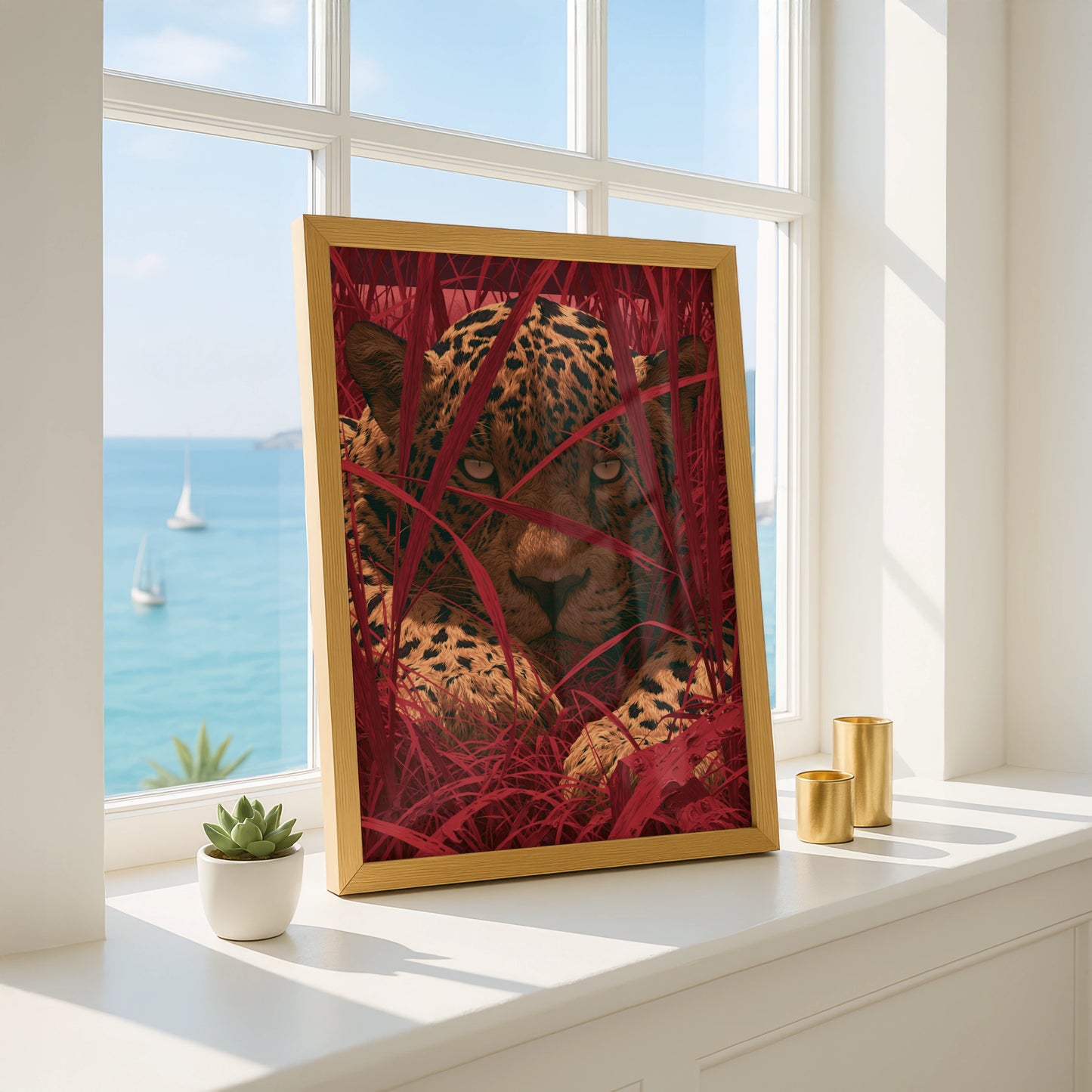 Jaguar Stalking, Animal Wall Art, Bold Red Leaves, Modern Digital Print