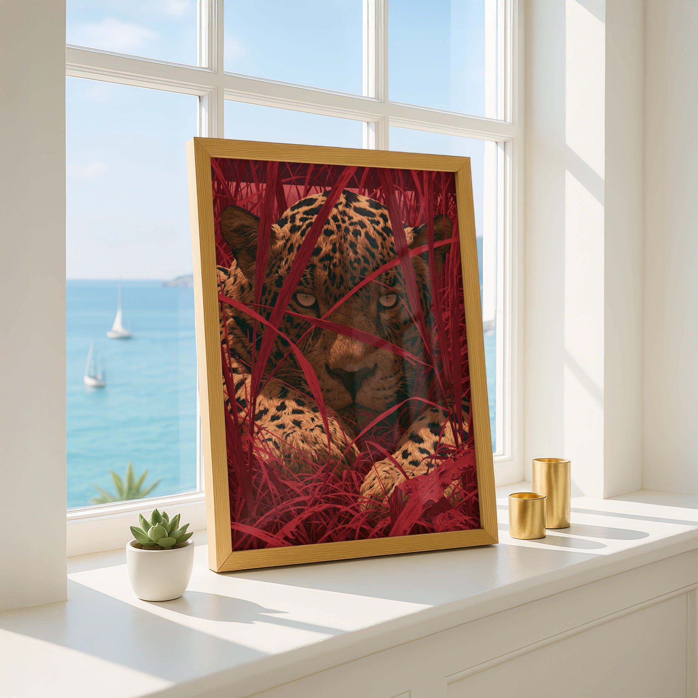 Jaguar Stalking, Animal Wall Art, Bold Red Leaves, Modern Digital Print