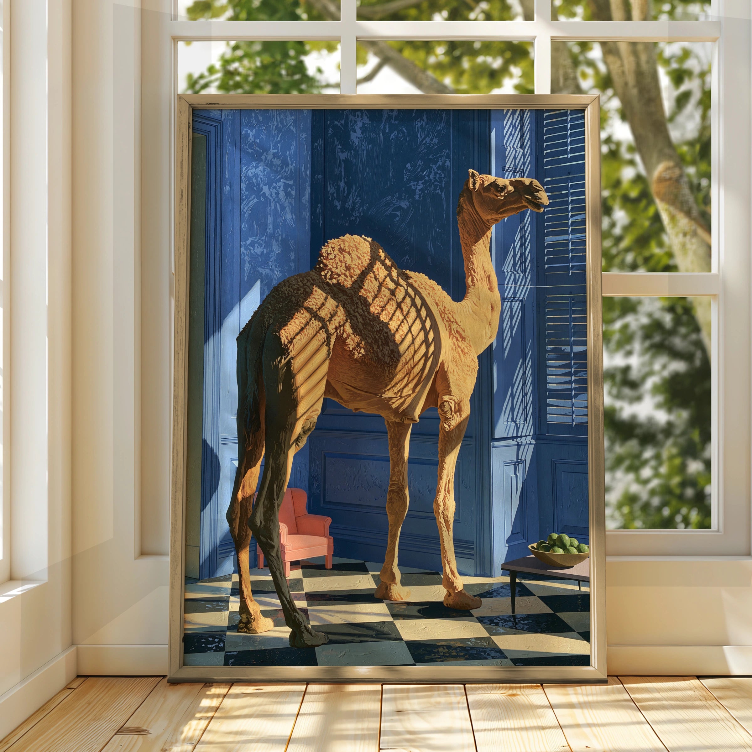 Camel in Blue Room Art Print, Unique Wall Decor, Vibrant Minimalism, Contemporary Home Design