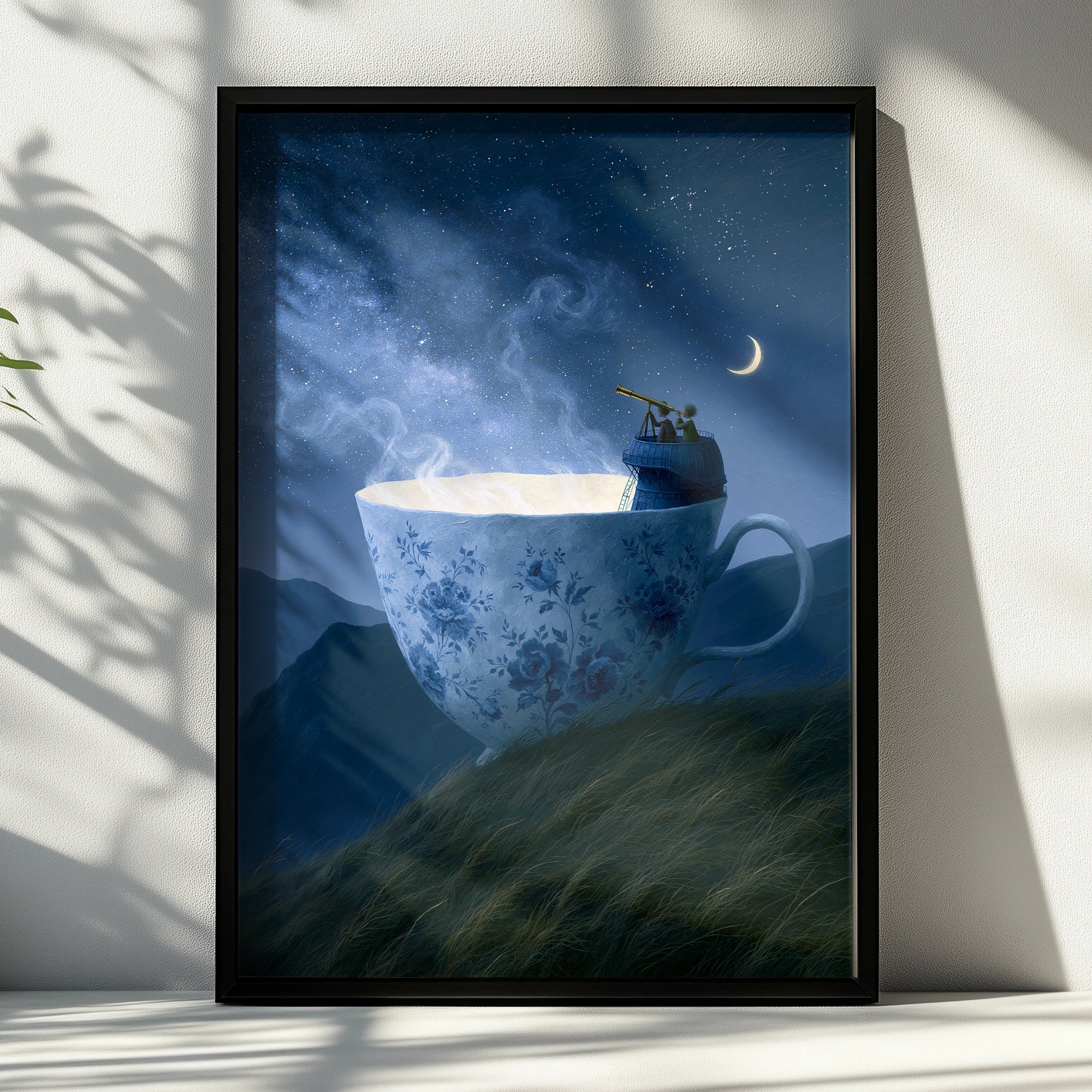 Teacup Hill Art Print, Whimsical Cosmic Journey, Unique Decor for Coffee Lovers