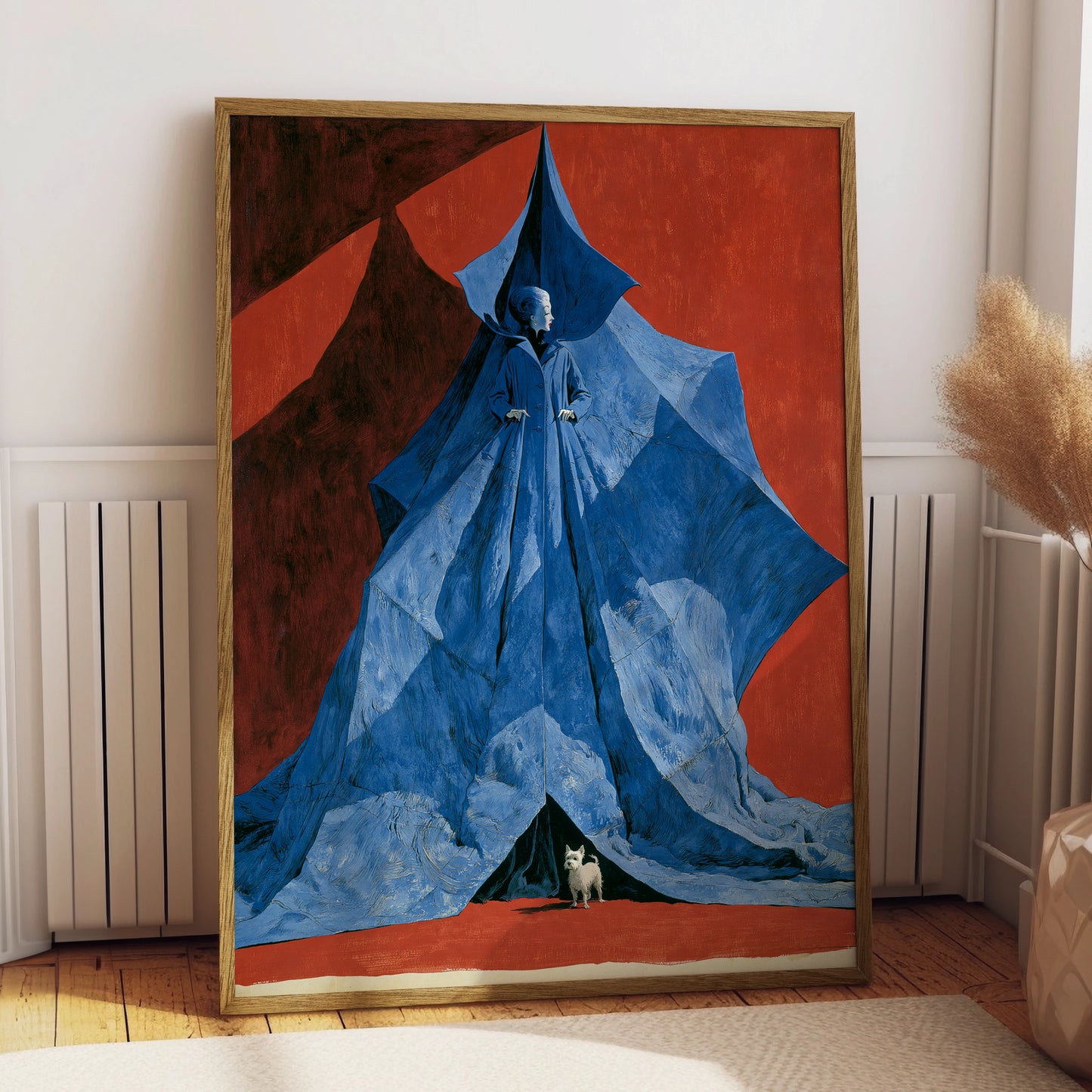 Blue Dog, Woman in Blue Cloak, Artistic Print, Bold Illustration, Wall Decor