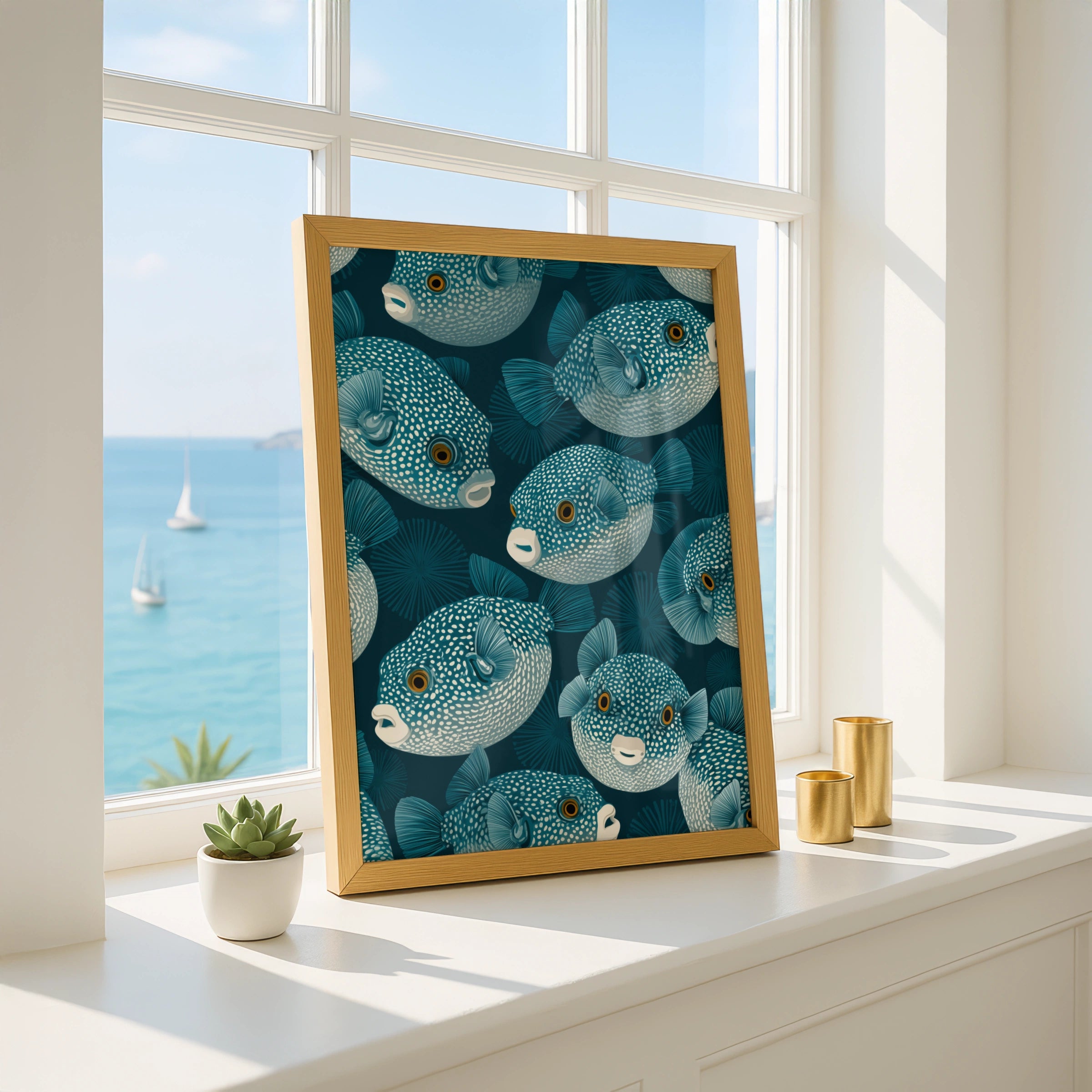 Pufferfish Pattern Art Print, Ocean Life Wall Decor, Teal Fish Illustration