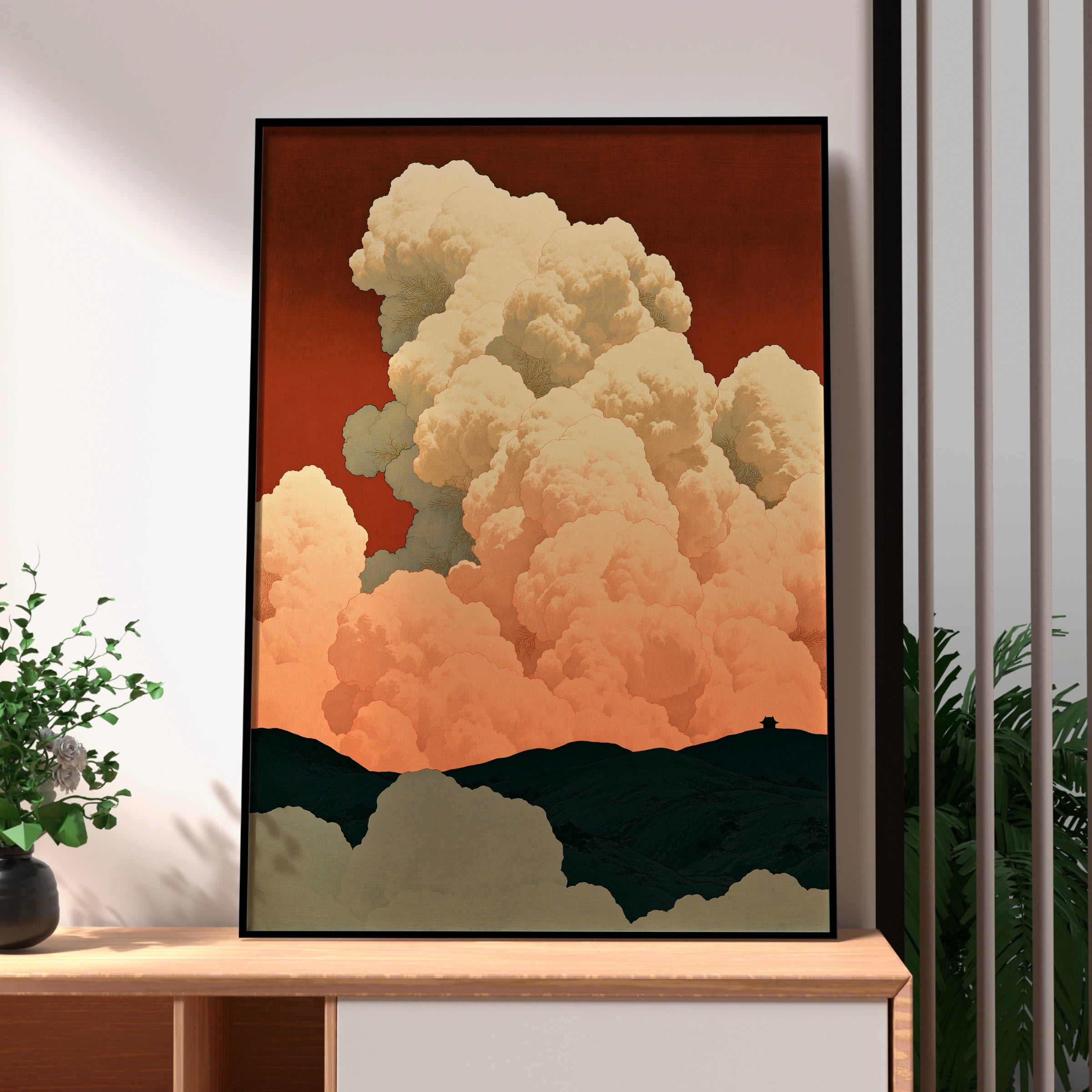 Cloudscape Art Print, Dramatic Clouds Over Mountains, Warm Tones, Minimalist Decor