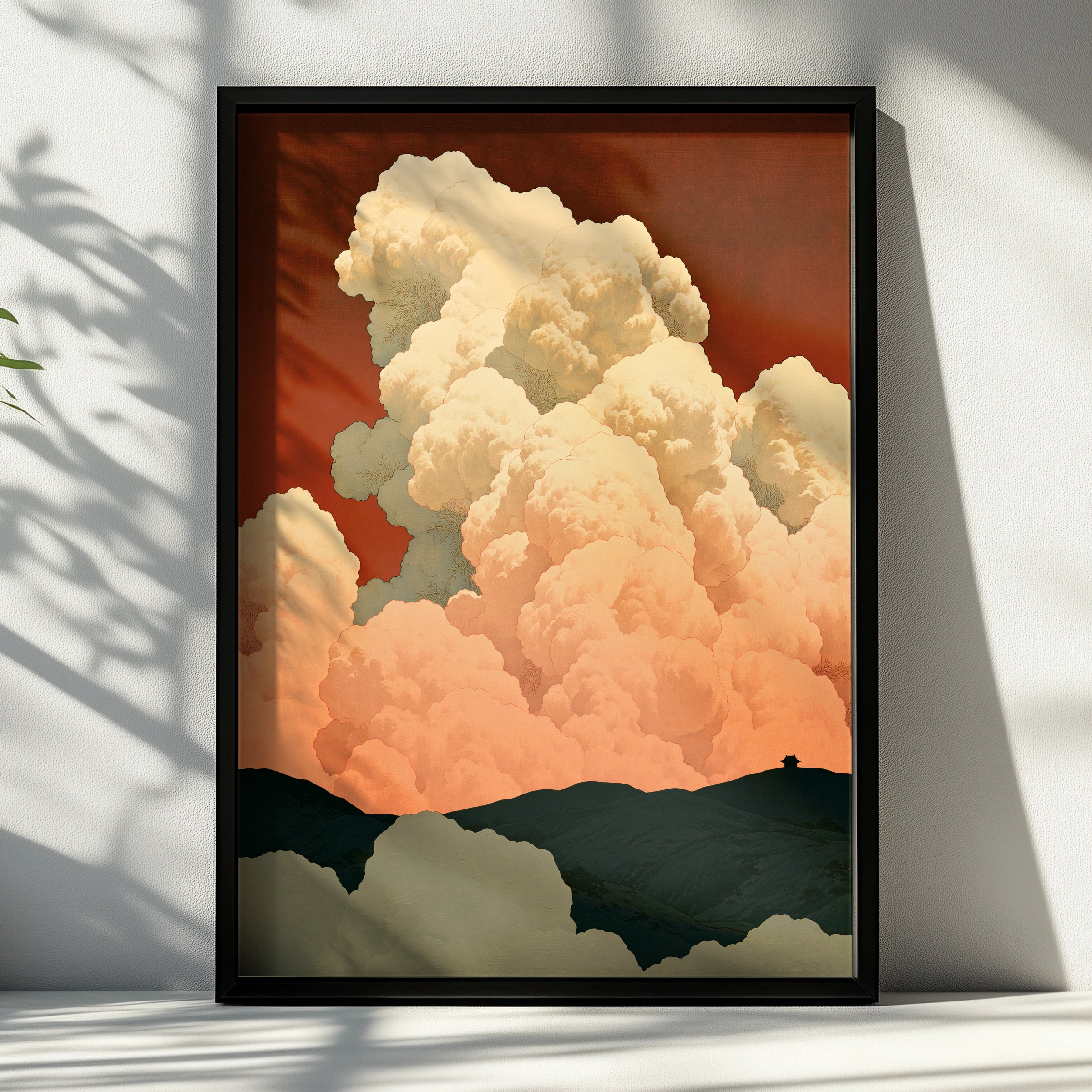 Cloudscape Art Print, Dramatic Clouds Over Mountains, Warm Tones, Minimalist Decor