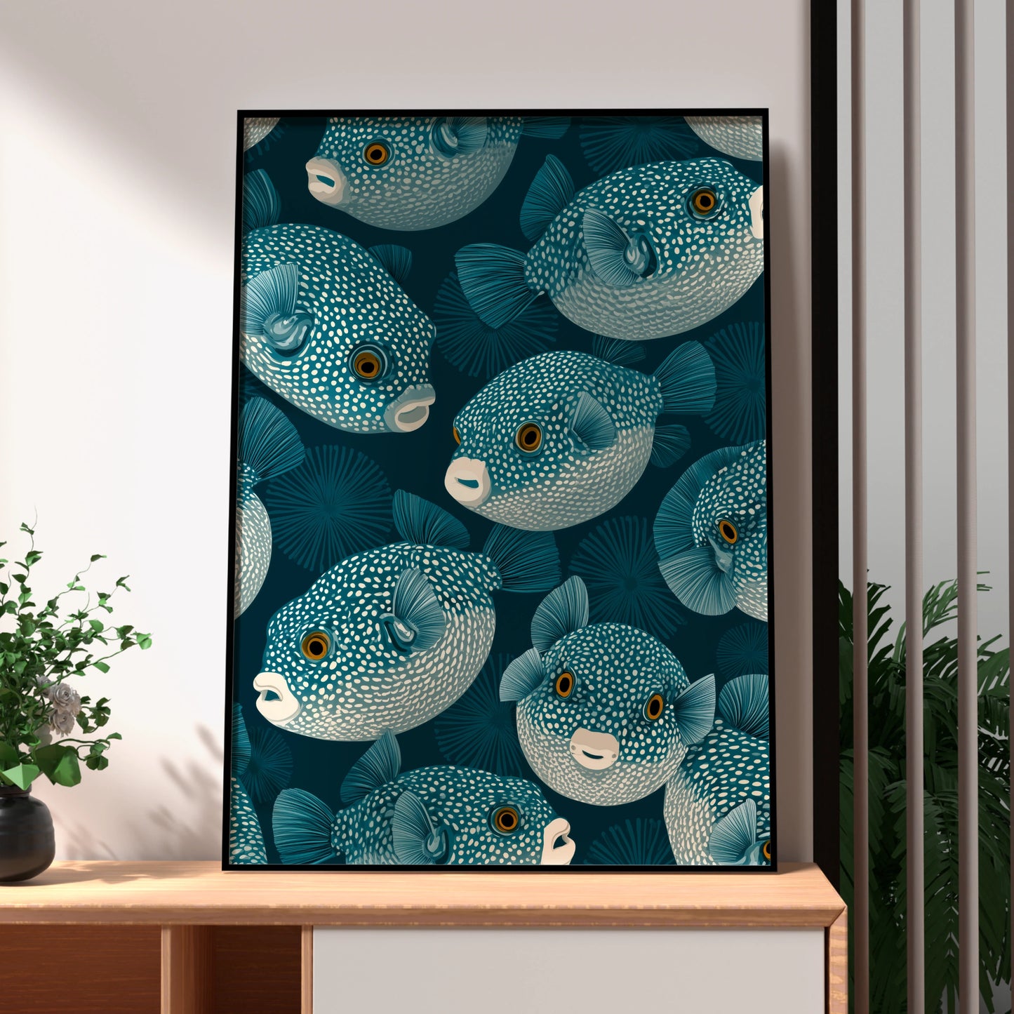 Pufferfish Pattern Art Print, Ocean Life Wall Decor, Teal Fish Illustration