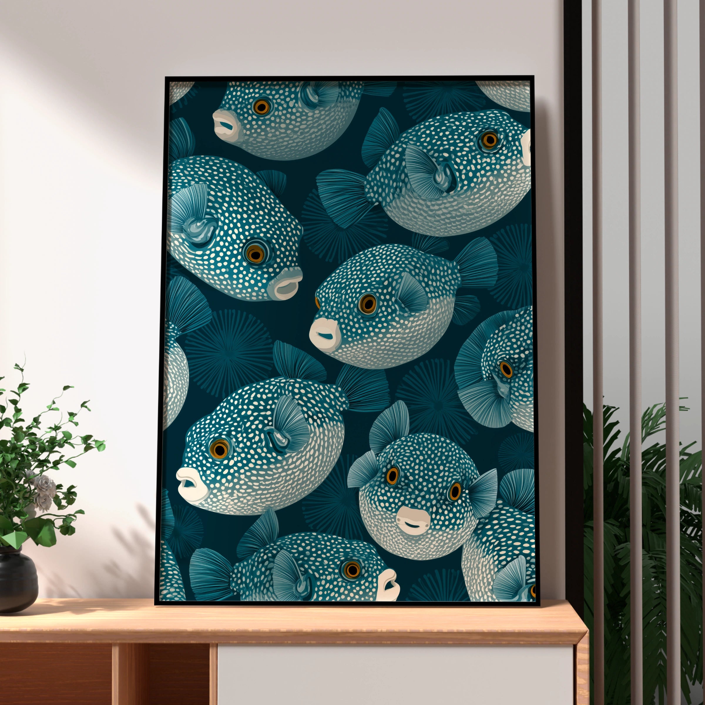 Pufferfish Pattern Art Print, Ocean Life Wall Decor, Teal Fish Illustration