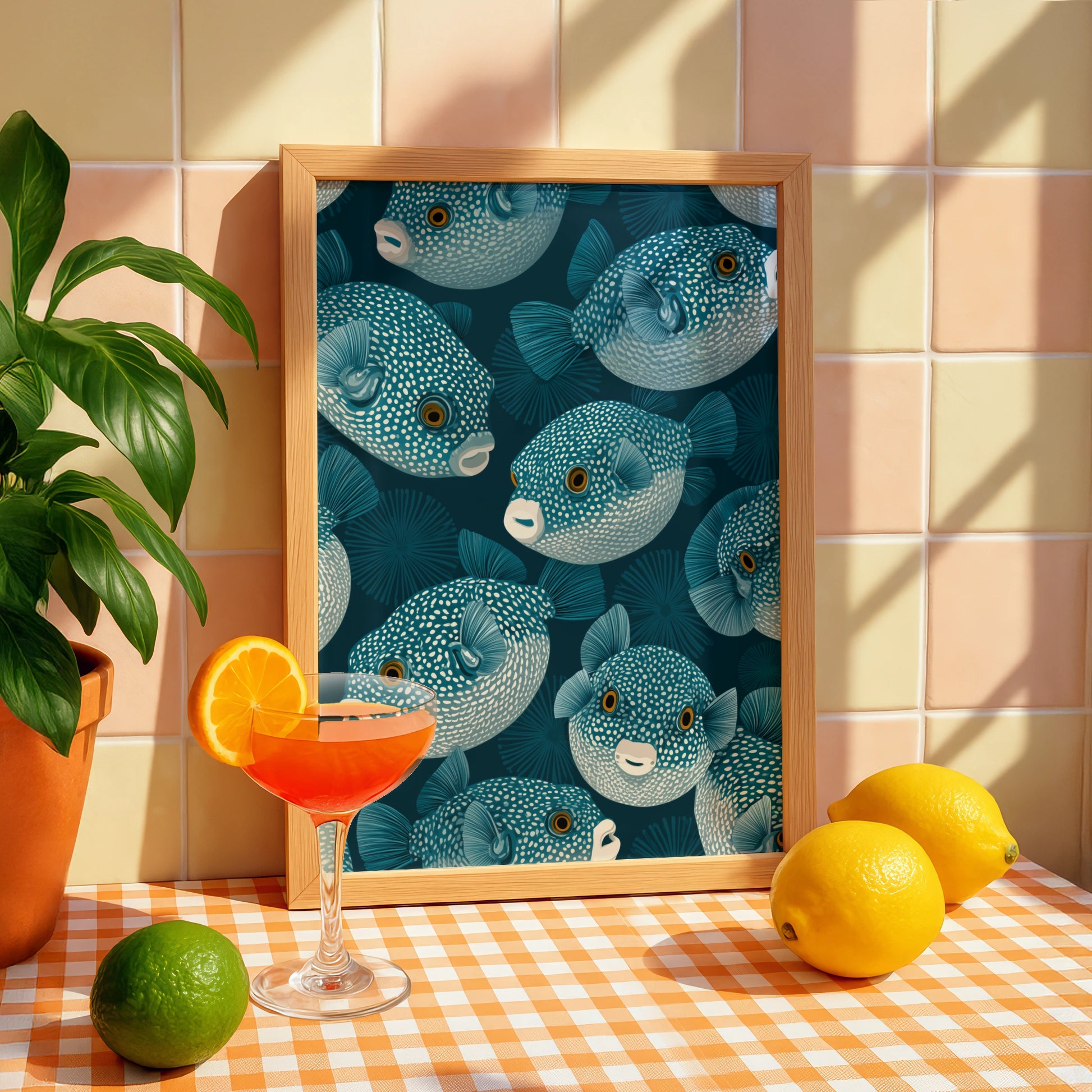 Pufferfish Pattern Art Print, Ocean Life Wall Decor, Teal Fish Illustration