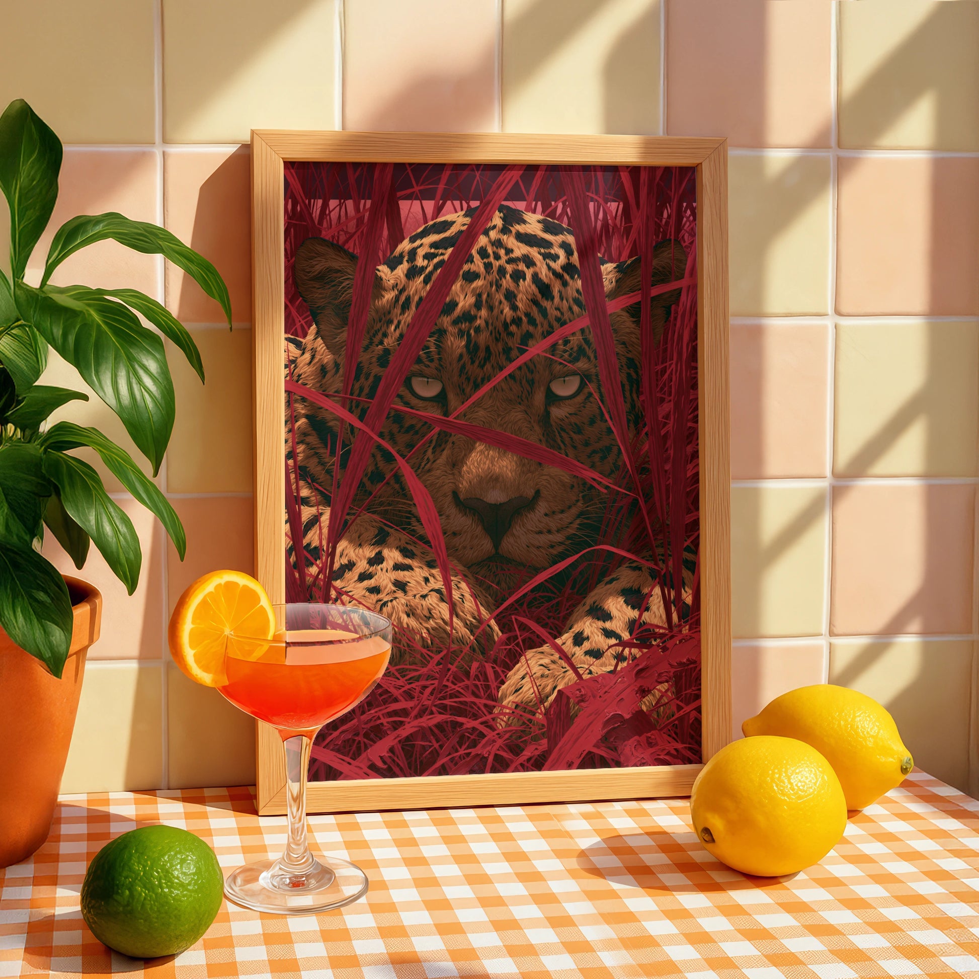 Jaguar Stalking, Animal Wall Art, Bold Red Leaves, Modern Digital Print