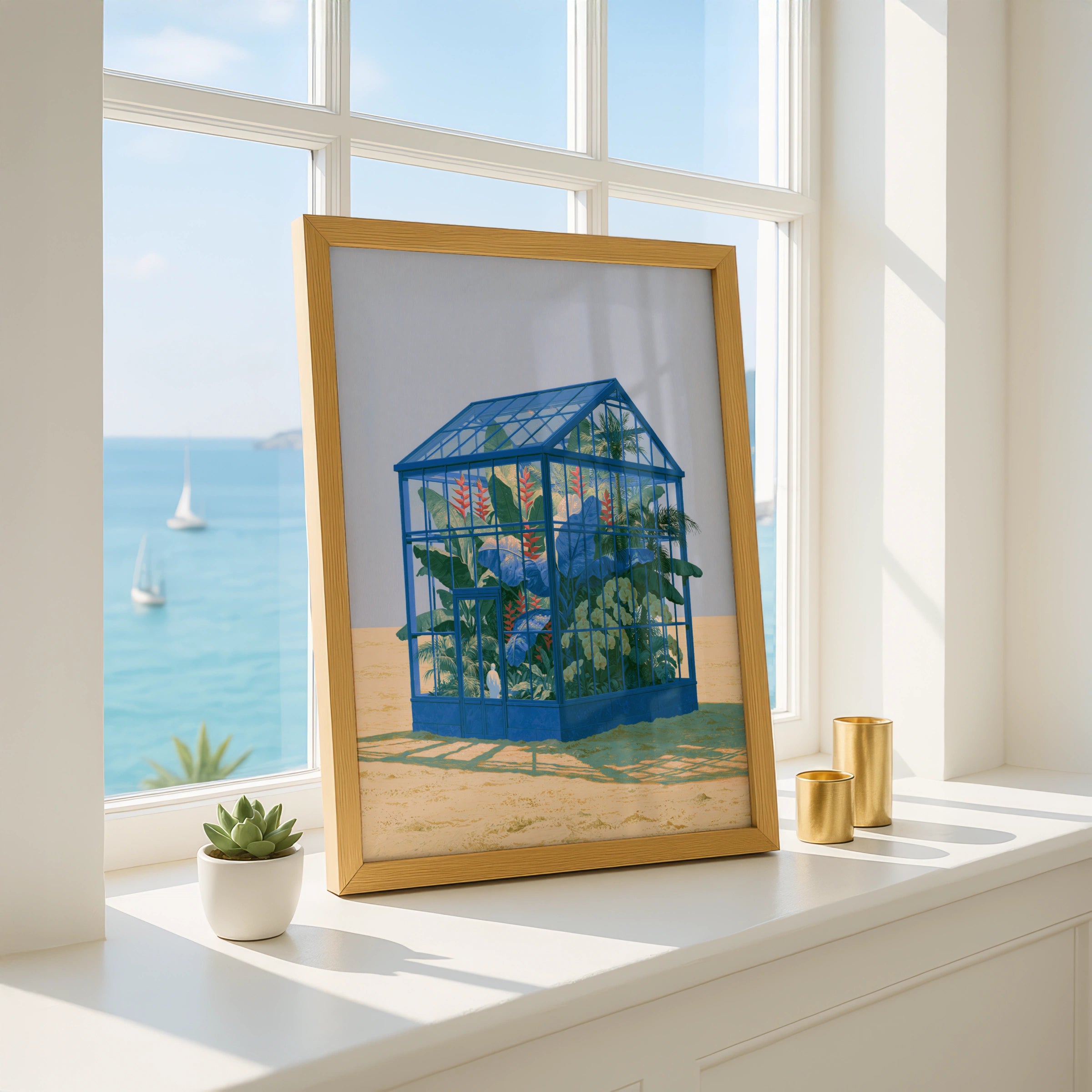 Greenhouse, Blue Desert Art Print, Botanical Illustration, Eco-Friendly Wall Decor