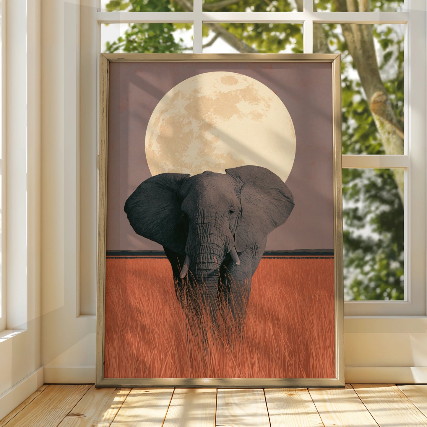 Elephant Under Full Moon, Art Print, Wildlife Poster, Nature Decor