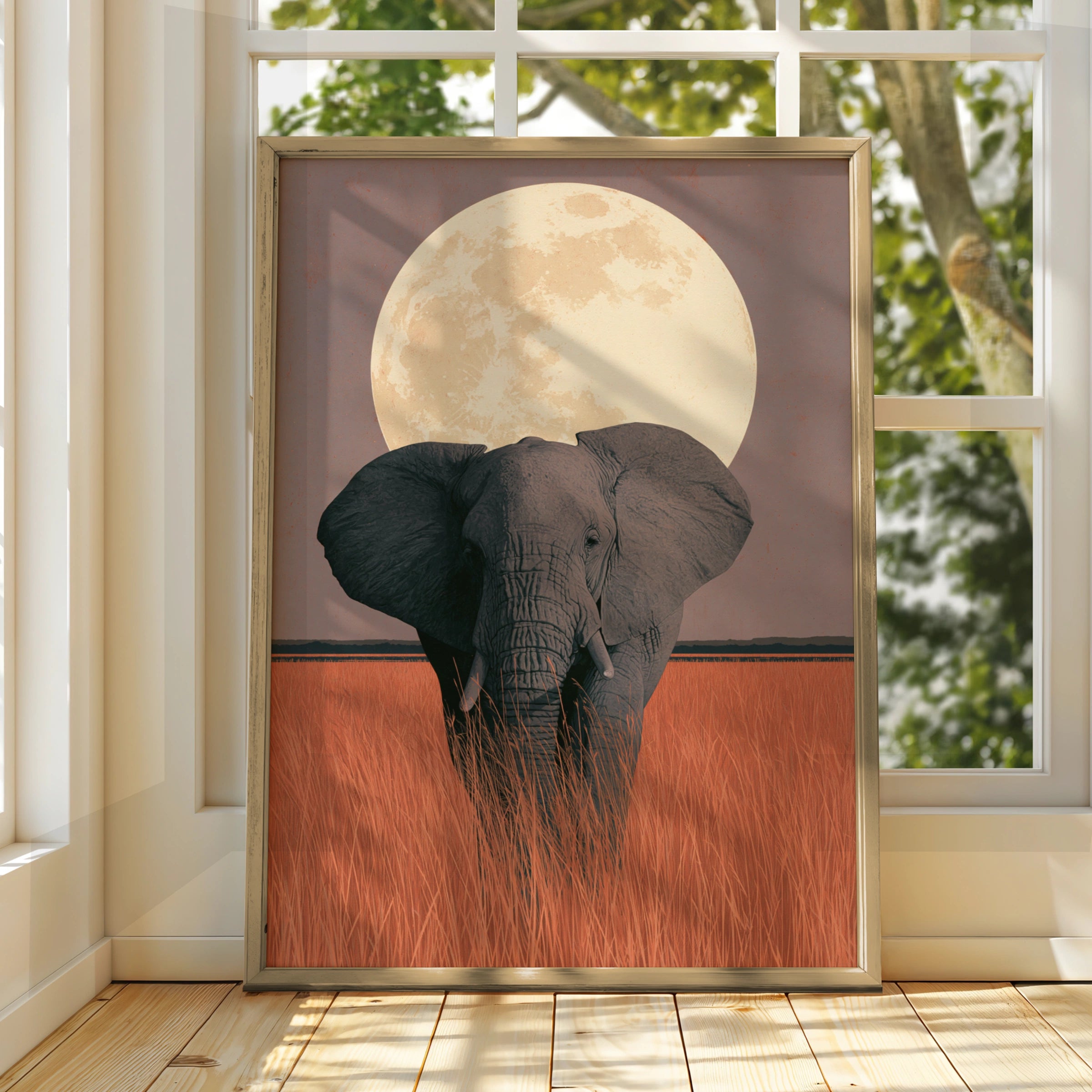 Elephant Under Full Moon, Art Print, Wildlife Poster, Nature Decor