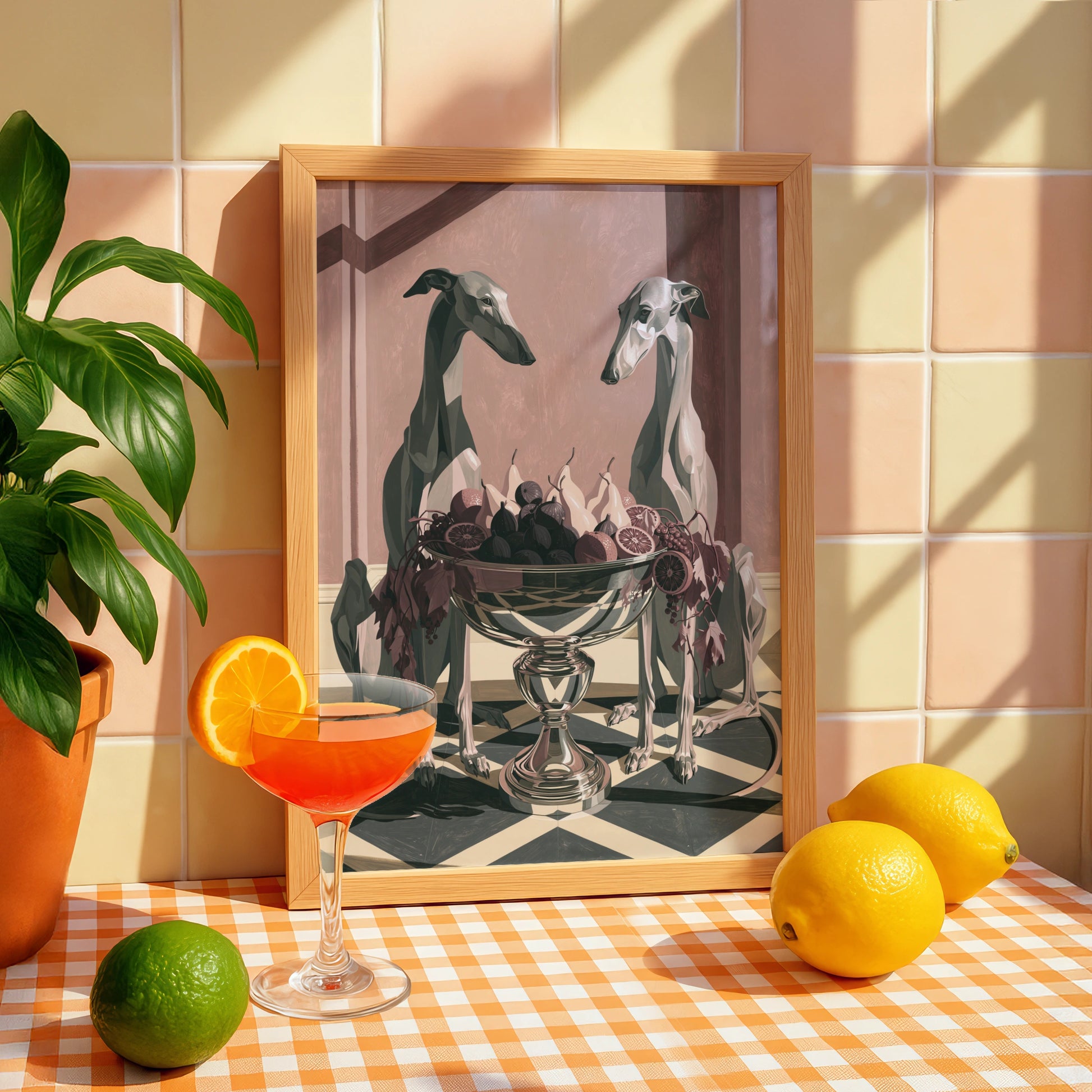 Hounds with Fruit Bowl Art Print, Decorative Wall Artwork, Contemporary Style for Pet Lovers