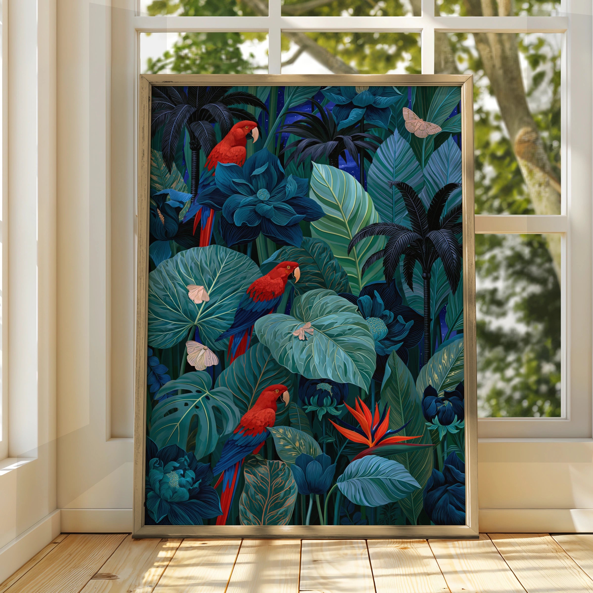 Tropical Parrots Art Print, Exotic Wall Decor, Vibrant Jungle Illustration, Nature Inspired Home Art