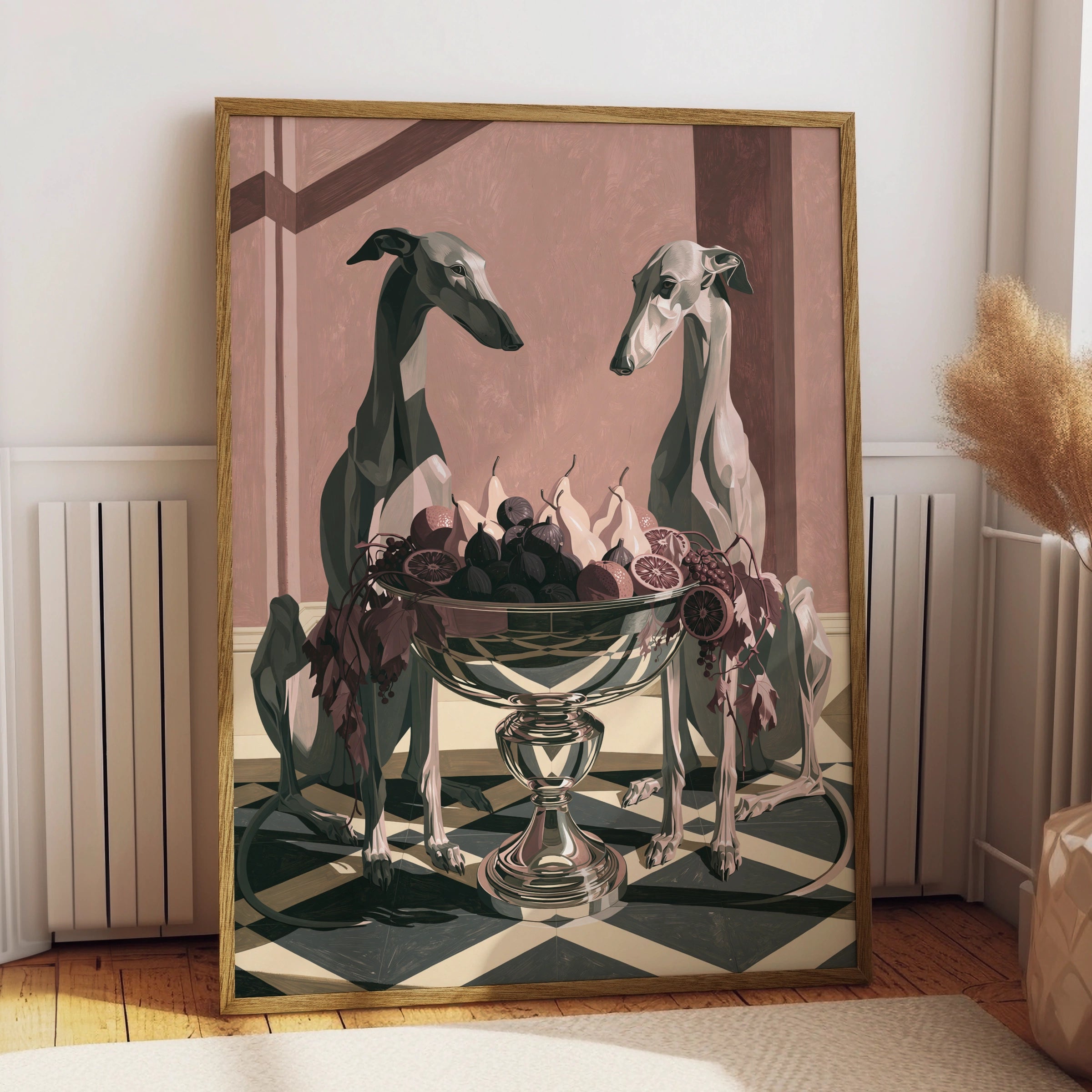 Hounds with Fruit Bowl Art Print, Decorative Wall Artwork, Contemporary Style for Pet Lovers