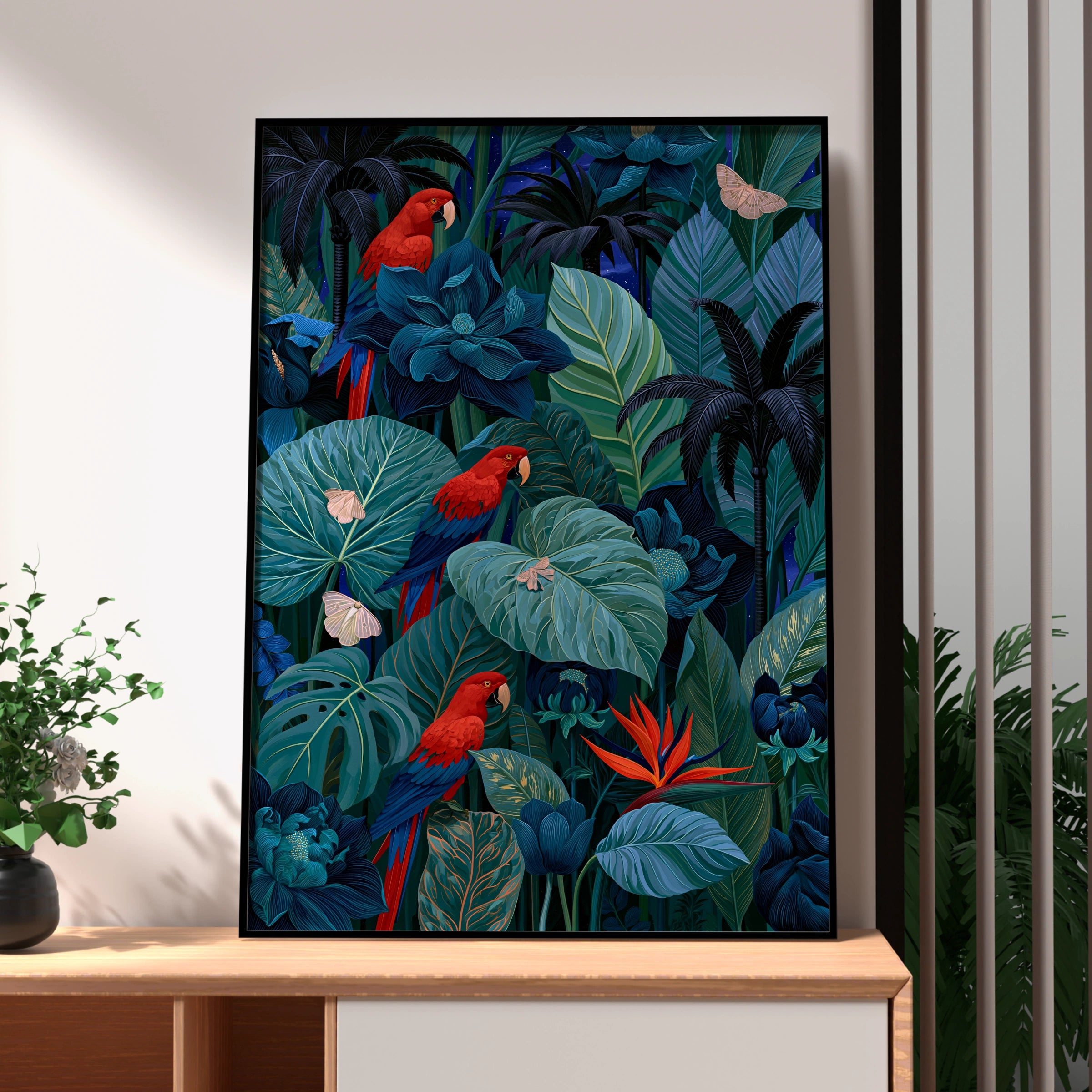 Tropical Parrots Art Print, Exotic Wall Decor, Vibrant Jungle Illustration, Nature Inspired Home Art