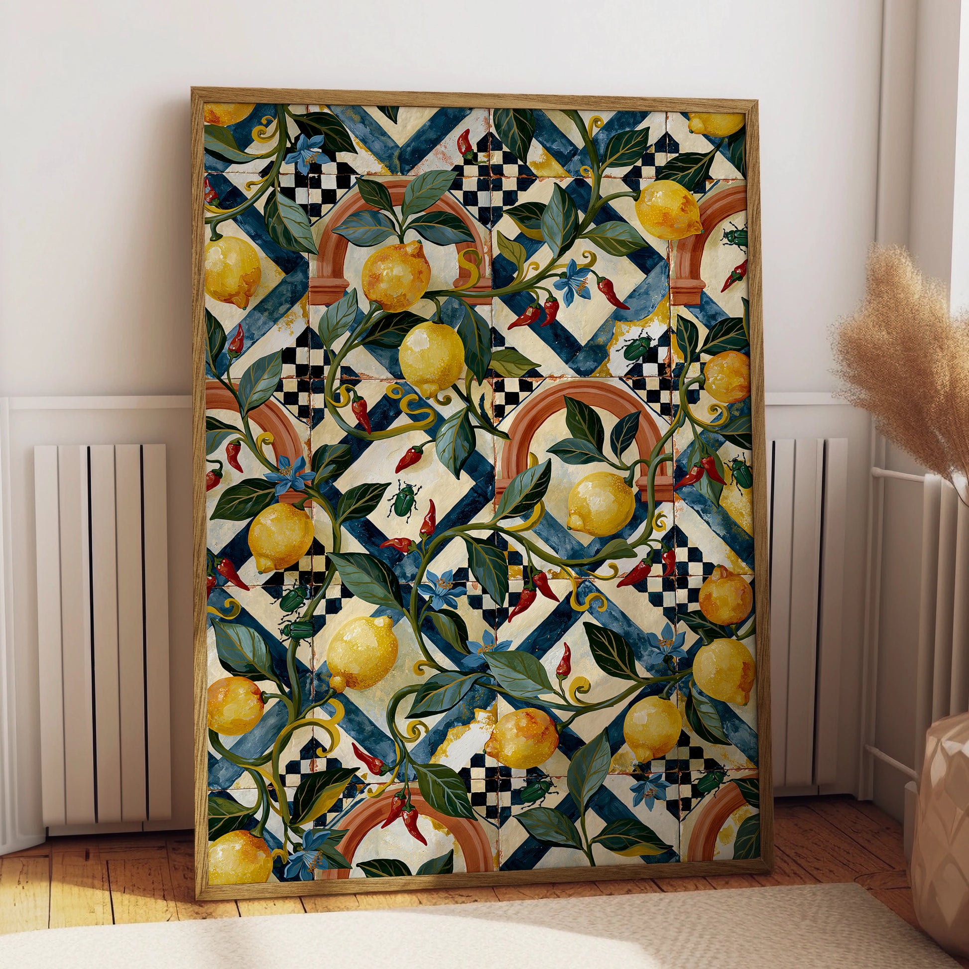 Lemon Tile Pattern Art Print, Vibrant Wall Decor, Floral Design, Modern Kitchen Art