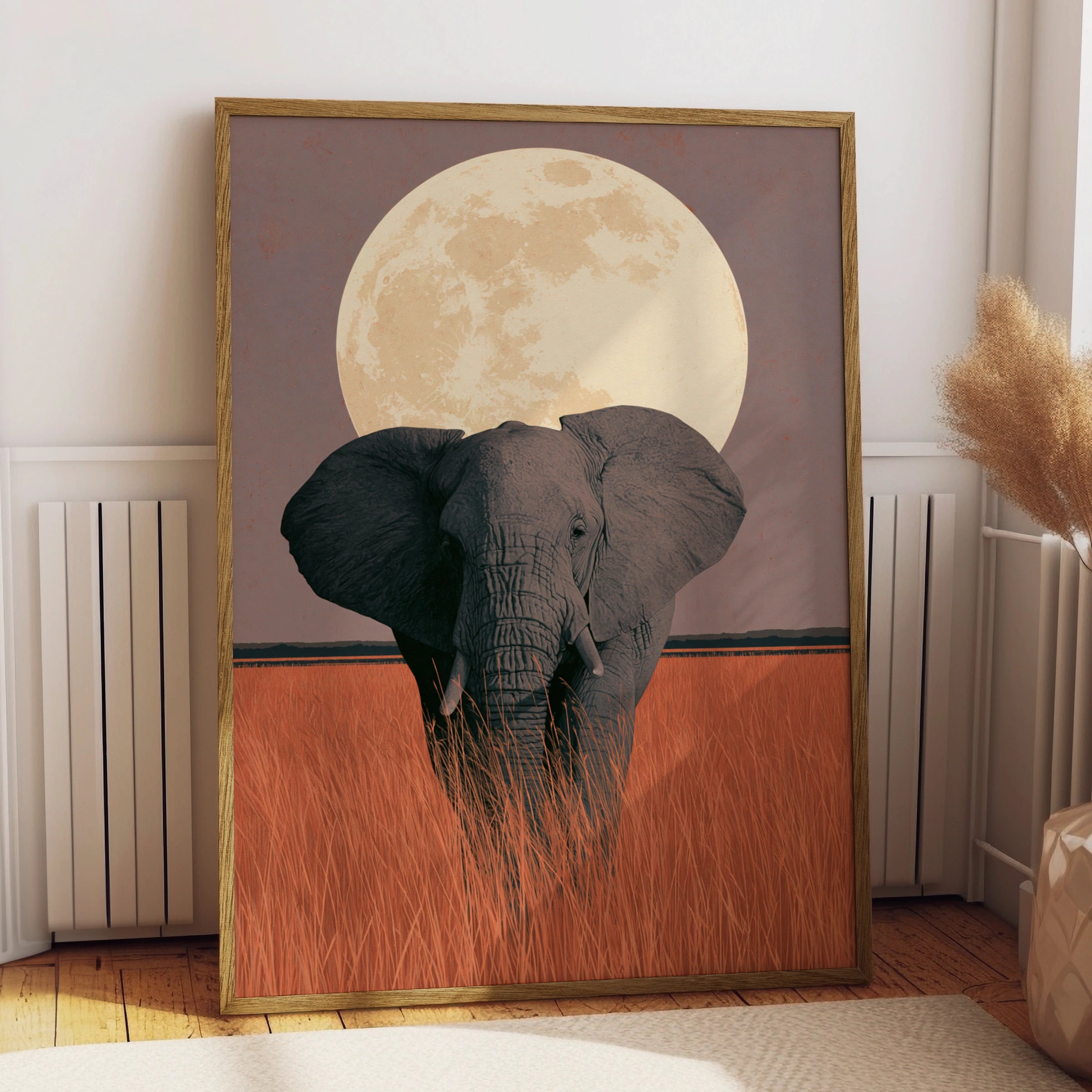 Elephant Under Full Moon, Art Print, Wildlife Poster, Nature Decor