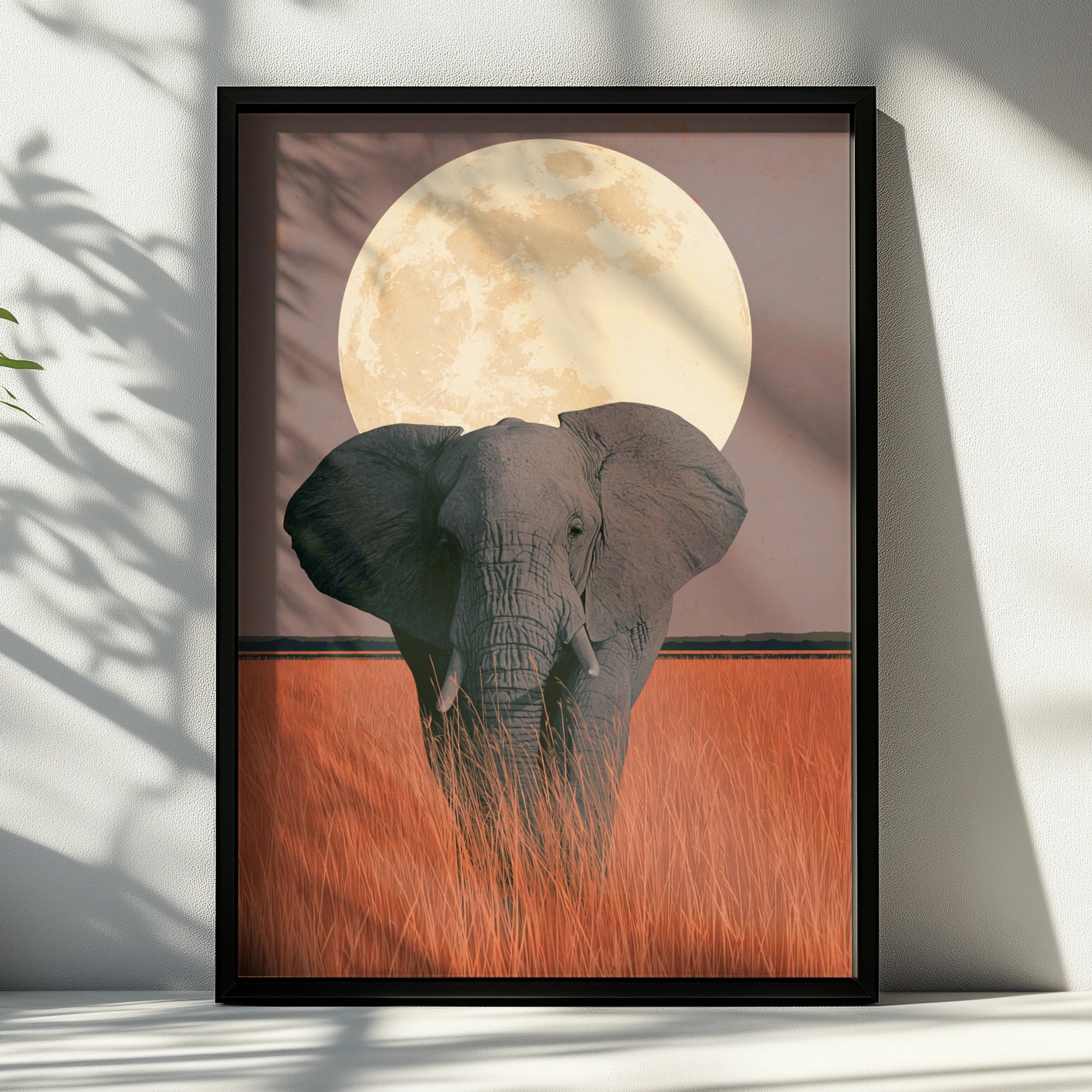 Elephant Under Full Moon, Art Print, Wildlife Poster, Nature Decor
