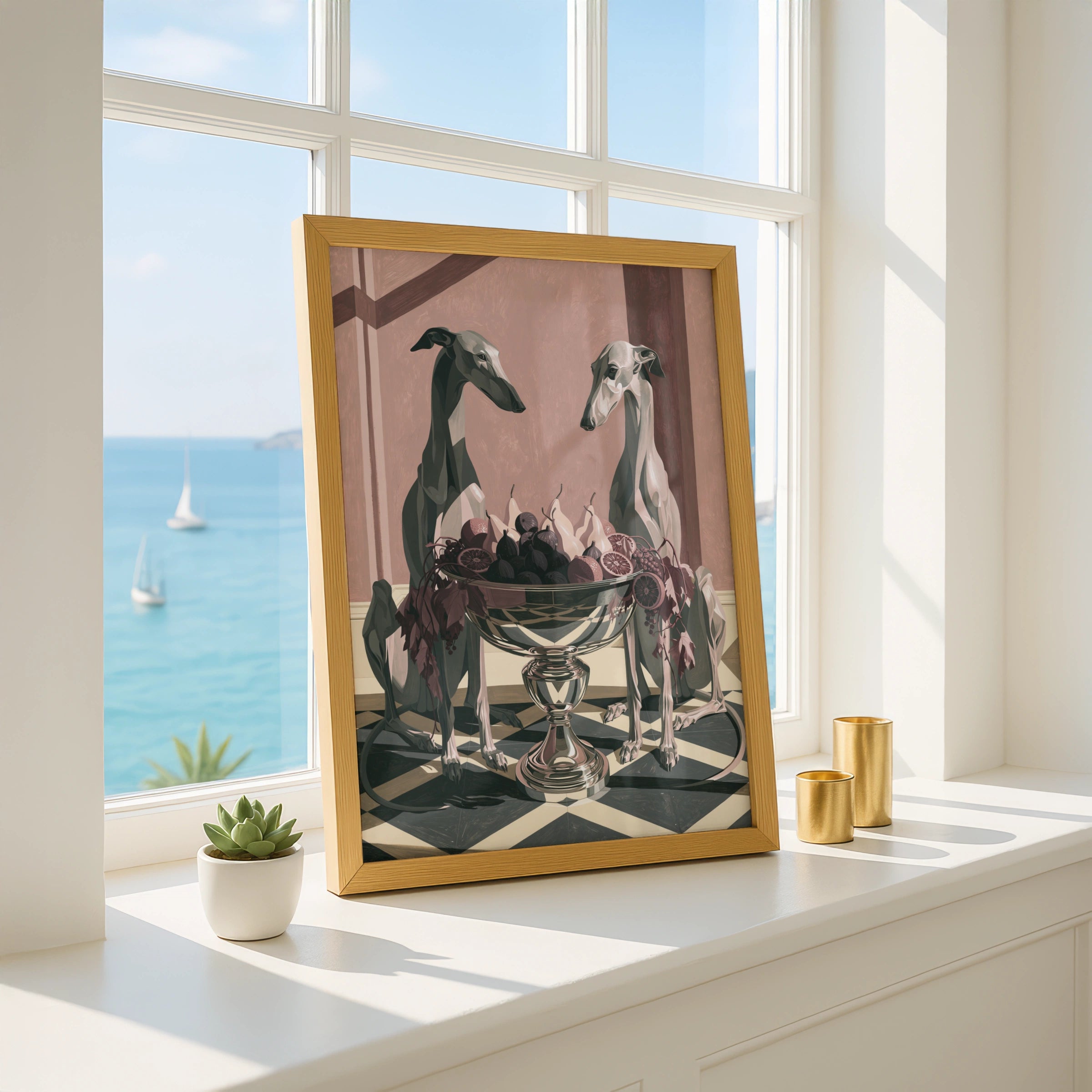 Hounds with Fruit Bowl Art Print, Decorative Wall Artwork, Contemporary Style for Pet Lovers