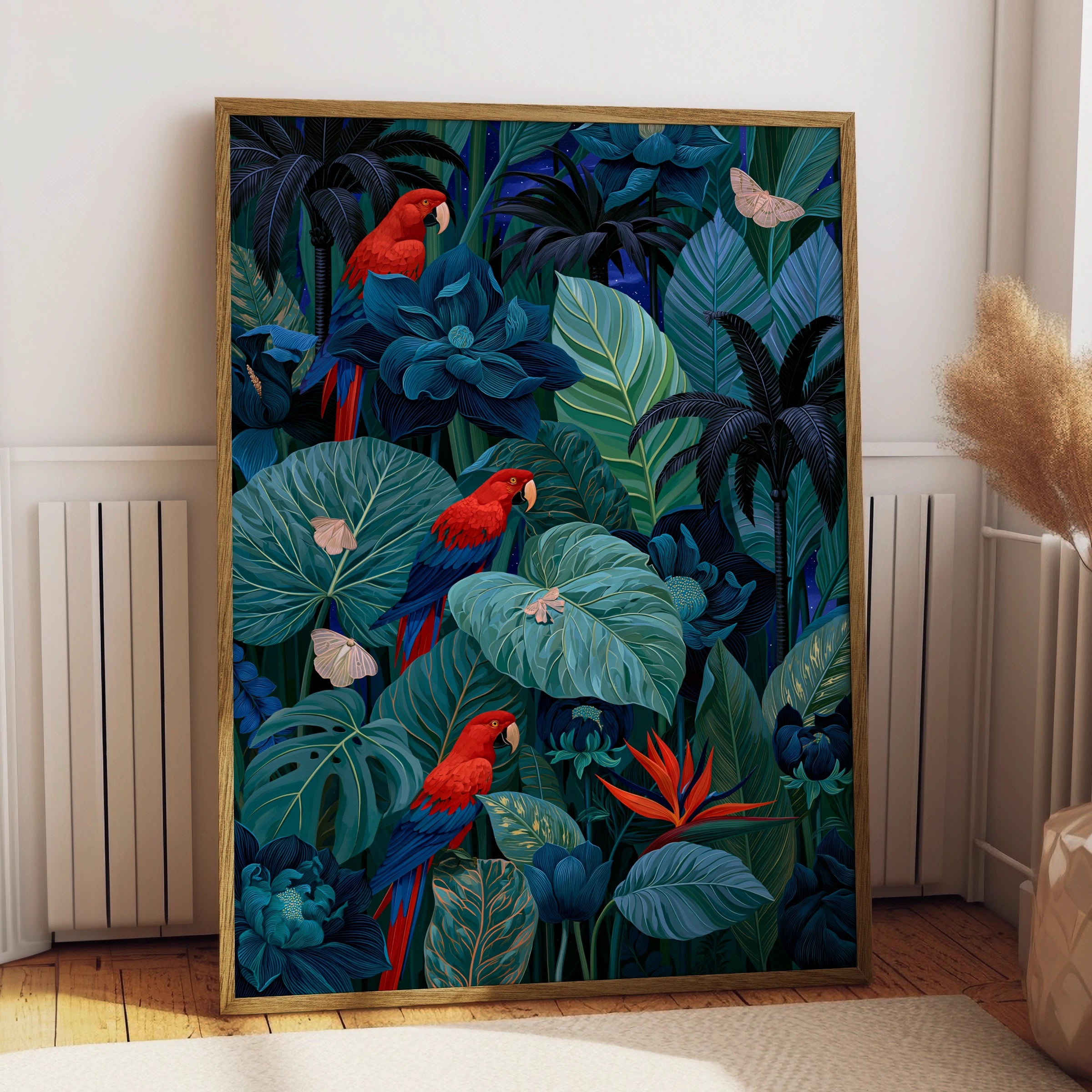 Tropical Parrots Art Print, Exotic Wall Decor, Vibrant Jungle Illustration, Nature Inspired Home Art