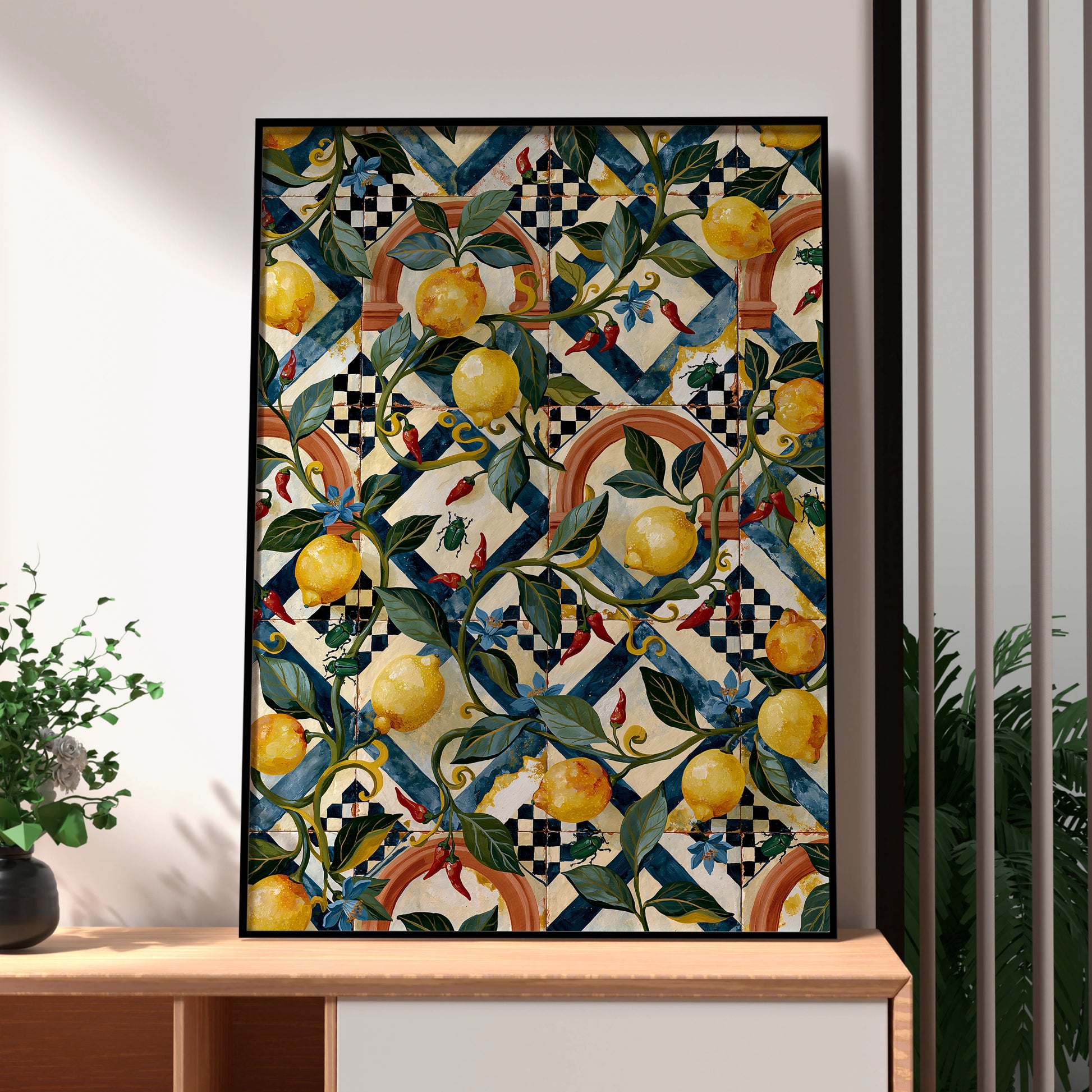 Lemon Tile Pattern Art Print, Vibrant Wall Decor, Floral Design, Modern Kitchen Art