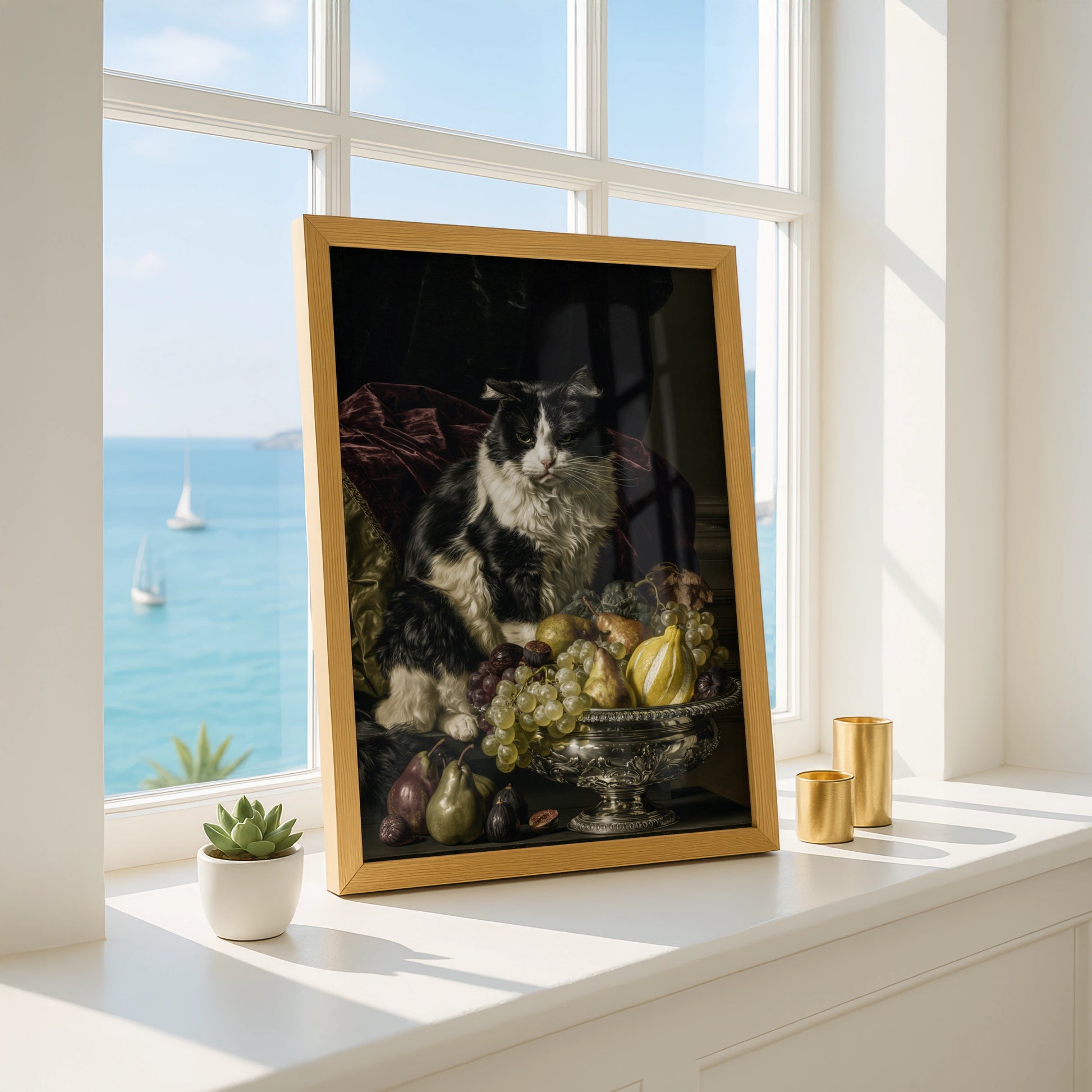 Black and White Cat with Fruit Bowl, Elegant Wall Art, Vintage Style Poster