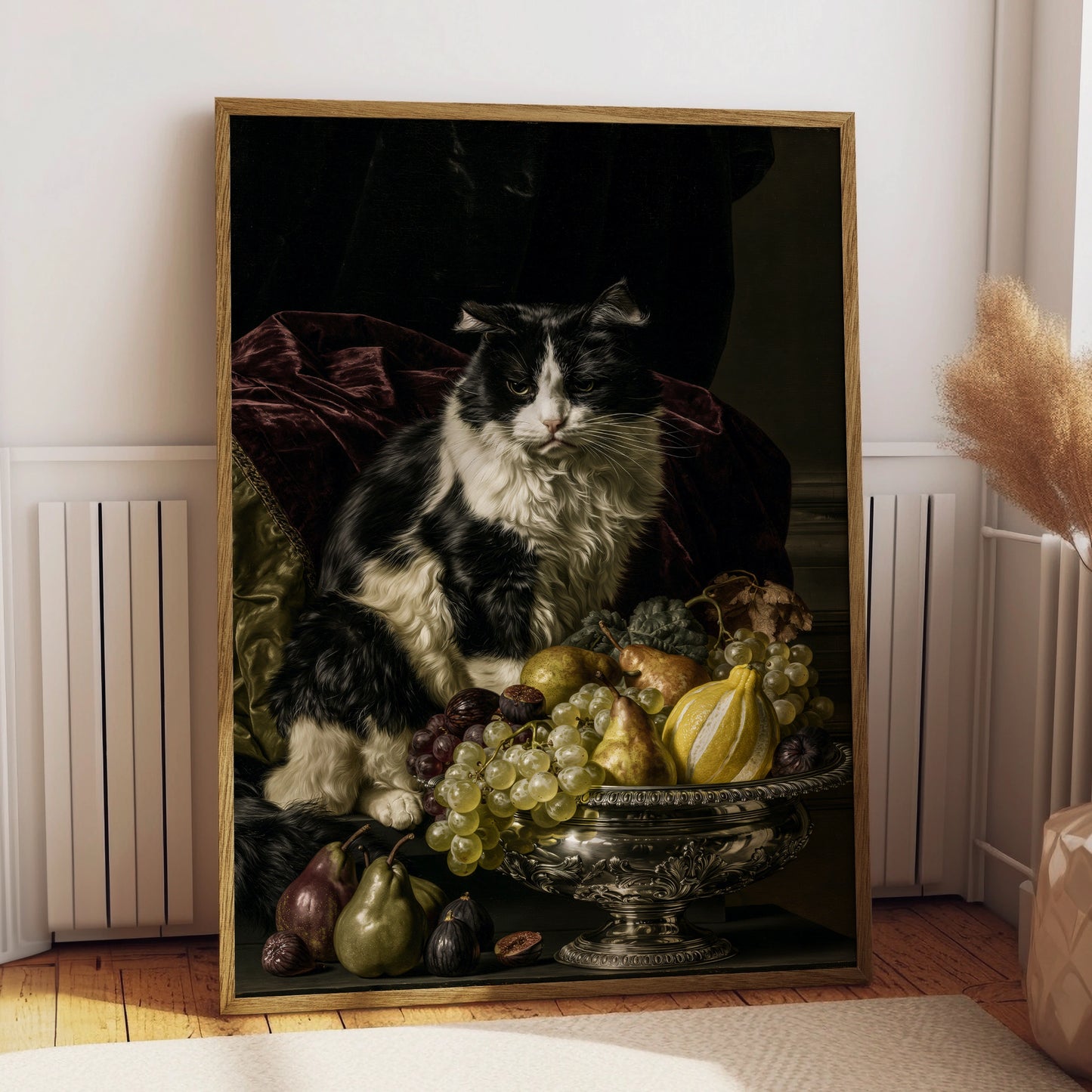 Black and White Cat with Fruit Bowl, Elegant Wall Art, Vintage Style Poster