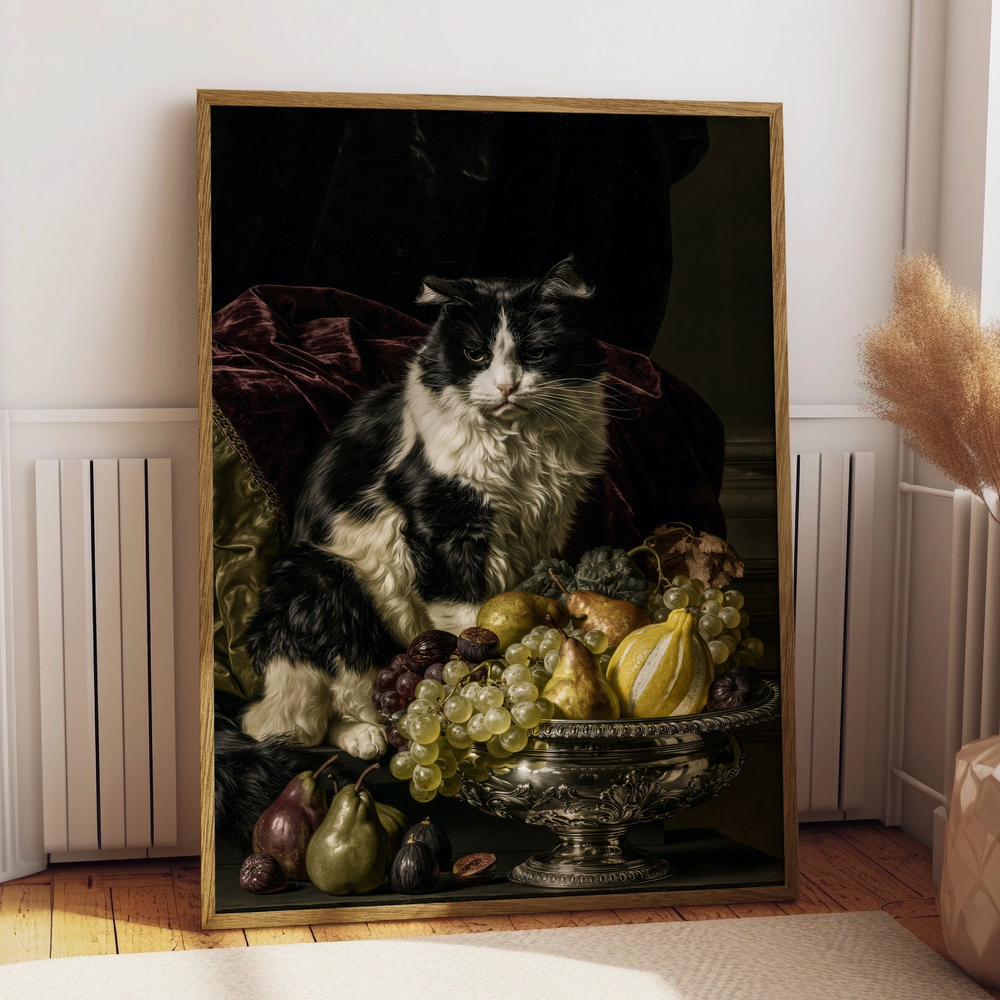 Black and White Cat with Fruit Bowl, Elegant Wall Art, Vintage Style Poster