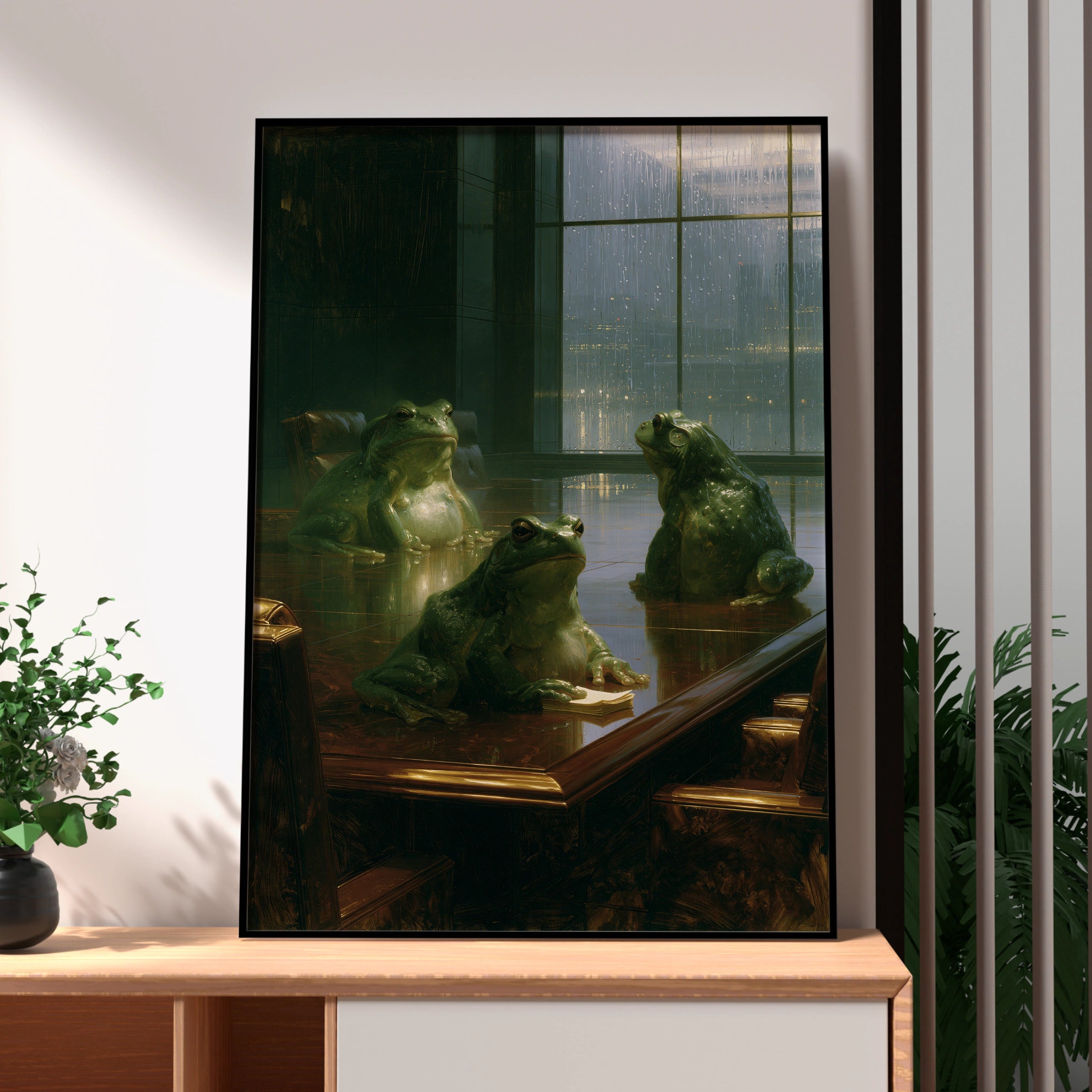 Frogs in Office Meeting, Quirky Wall Art, Humorous Decor for Home or Office, Original Printable Poster