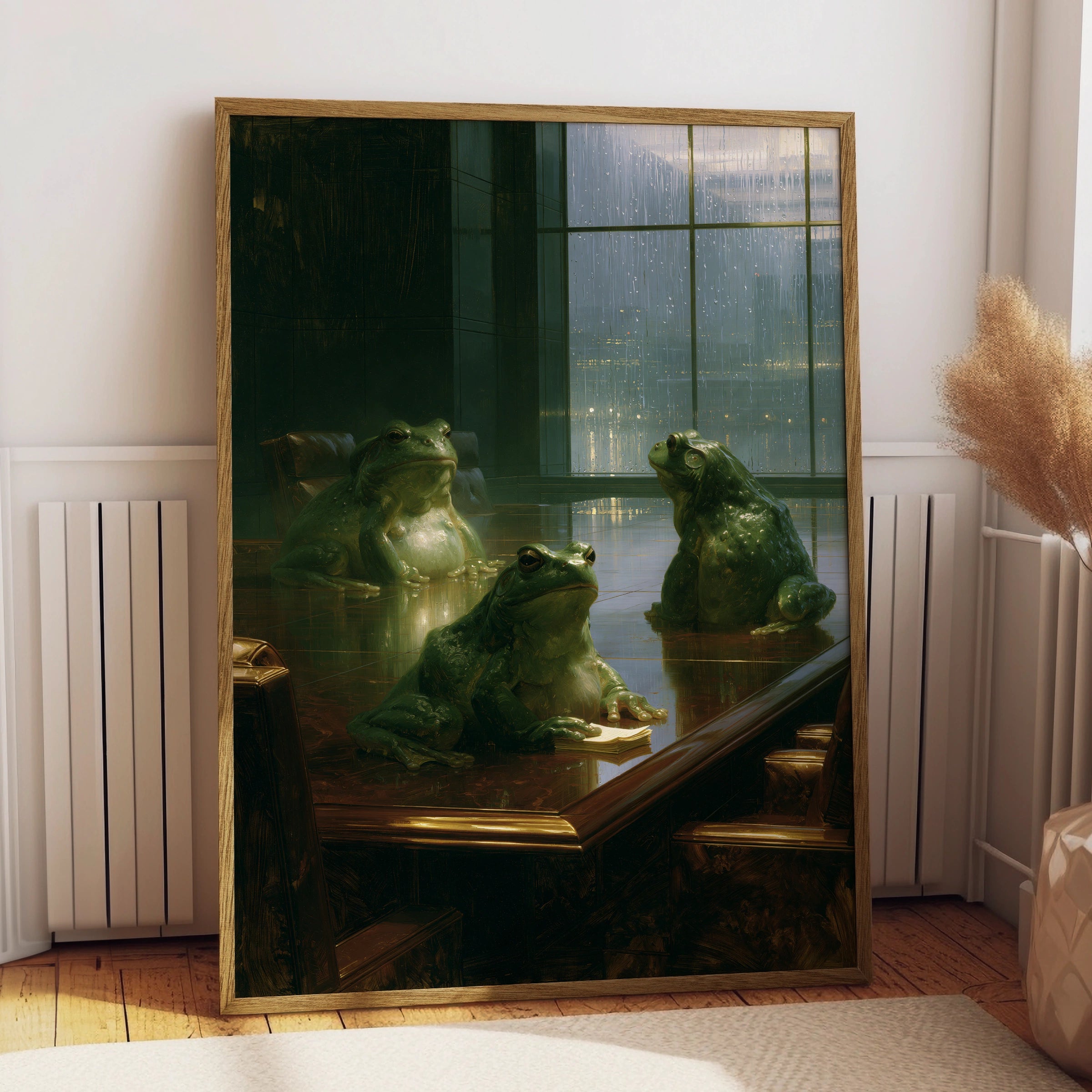 Frogs in Office Meeting, Quirky Wall Art, Humorous Decor for Home or Office, Original Printable Poster