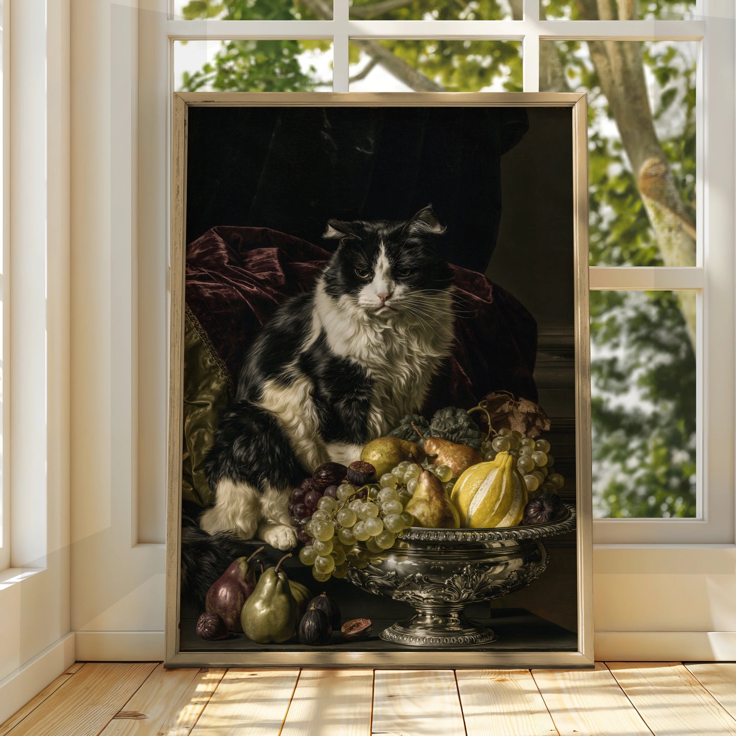 Black and White Cat with Fruit Bowl, Elegant Wall Art, Vintage Style Poster