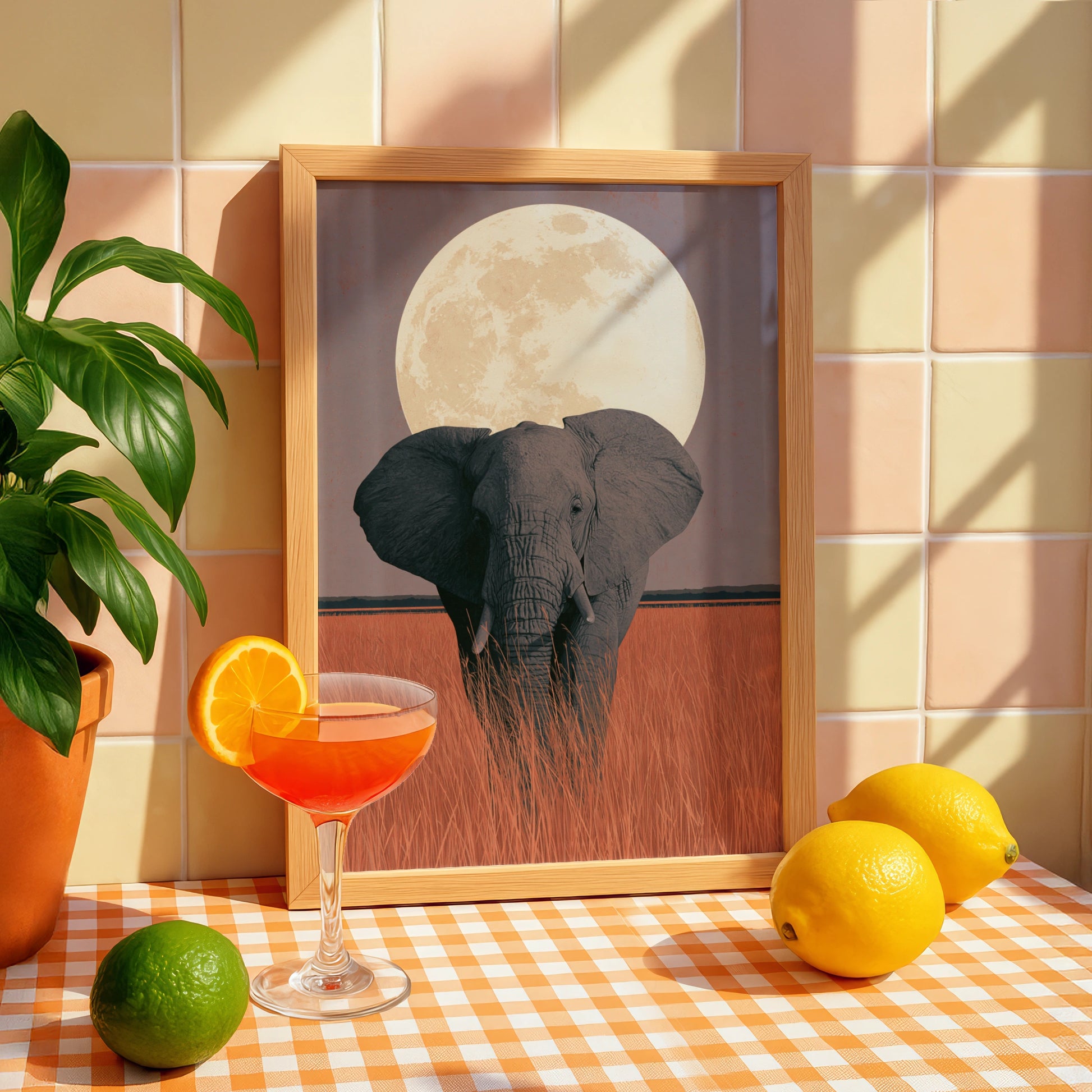 Elephant Under Full Moon, Art Print, Wildlife Poster, Nature Decor