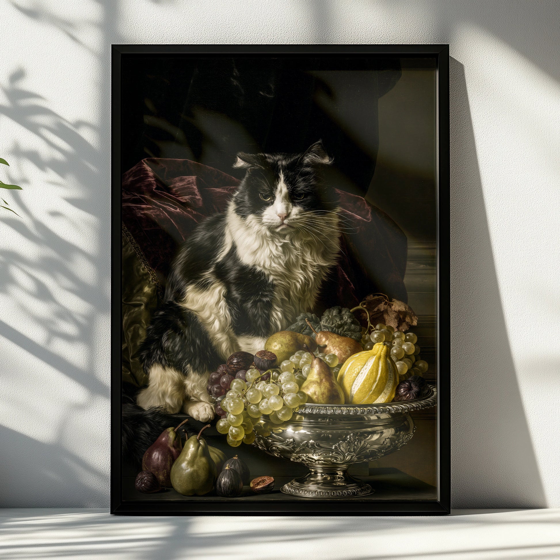 Black and White Cat with Fruit Bowl, Elegant Wall Art, Vintage Style Poster