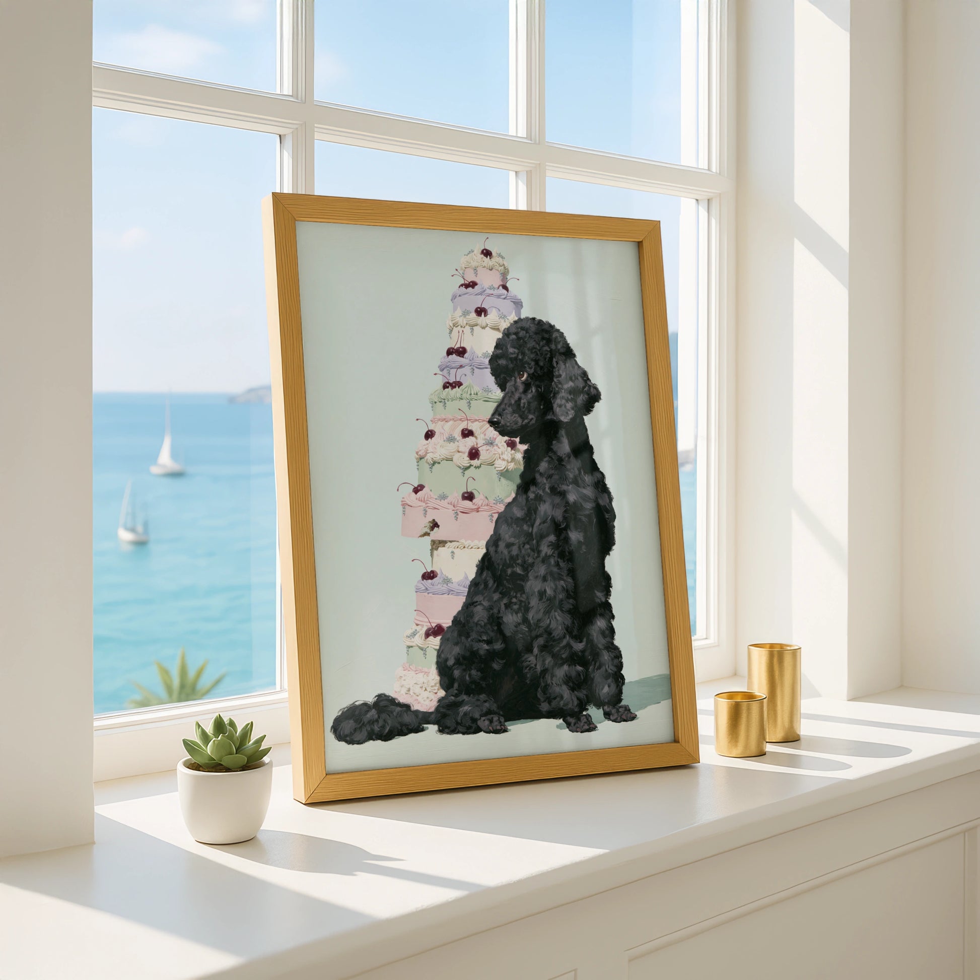 Black Poodle with Cake, Dog Art Print, Whimsical Wall Decor