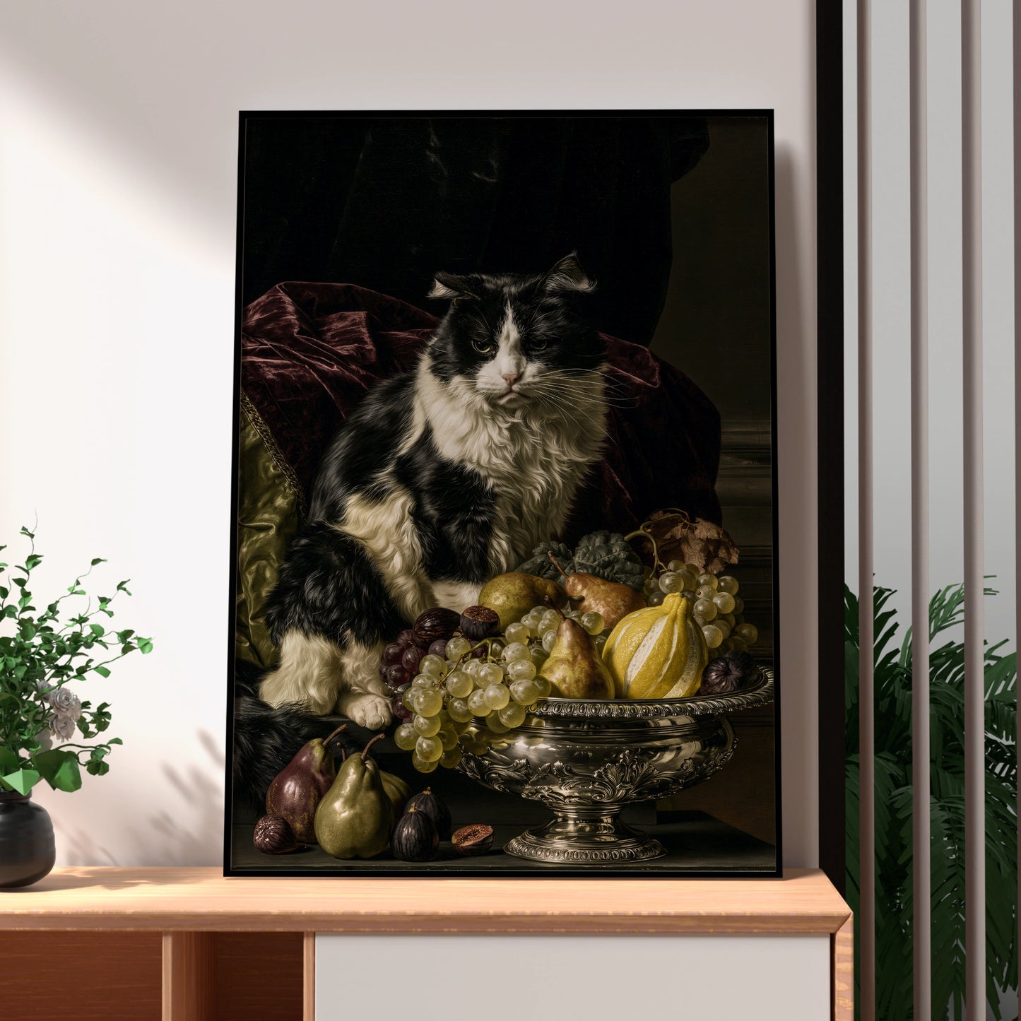 Black and White Cat with Fruit Bowl, Elegant Wall Art, Vintage Style Poster