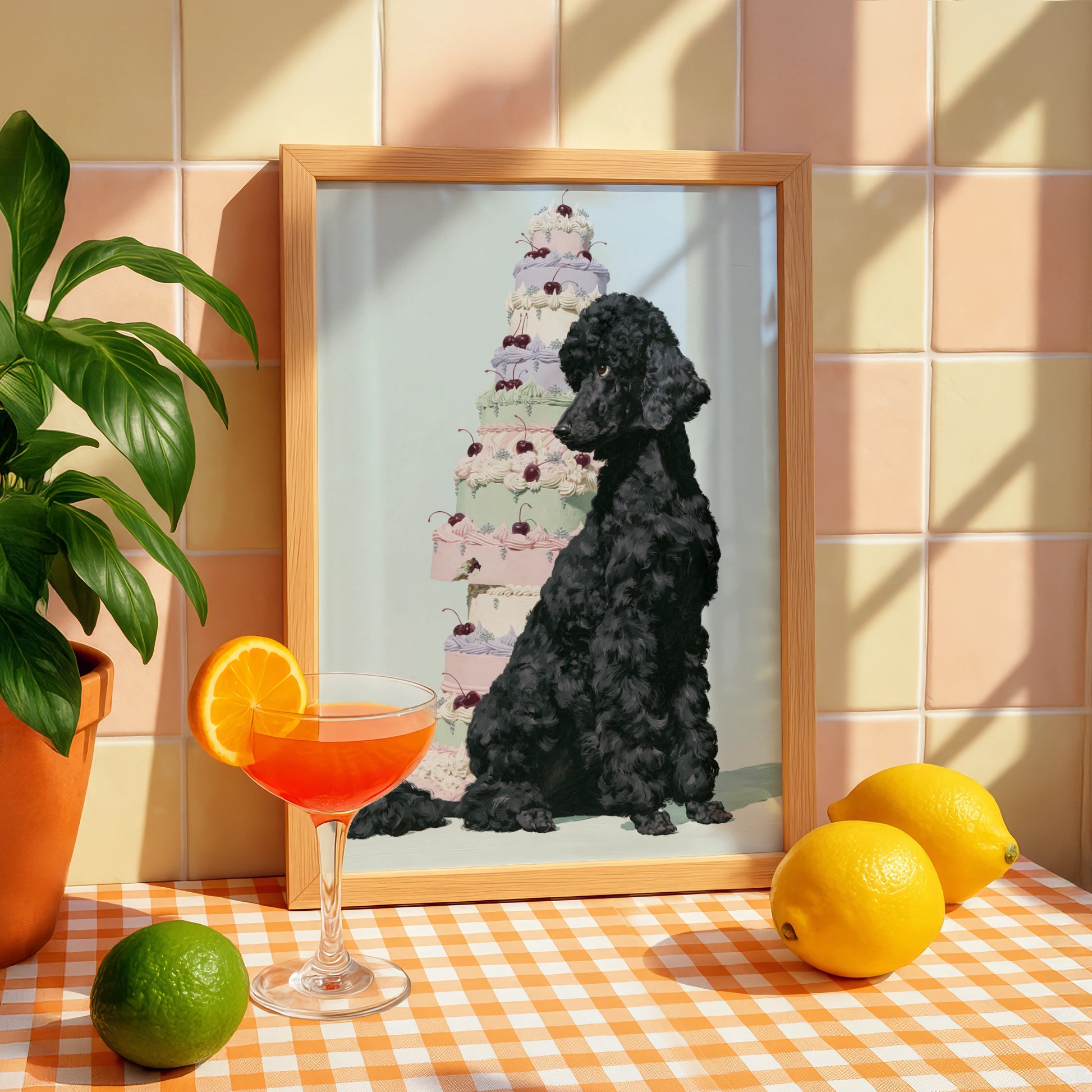 Black Poodle with Cake, Dog Art Print, Whimsical Wall Decor