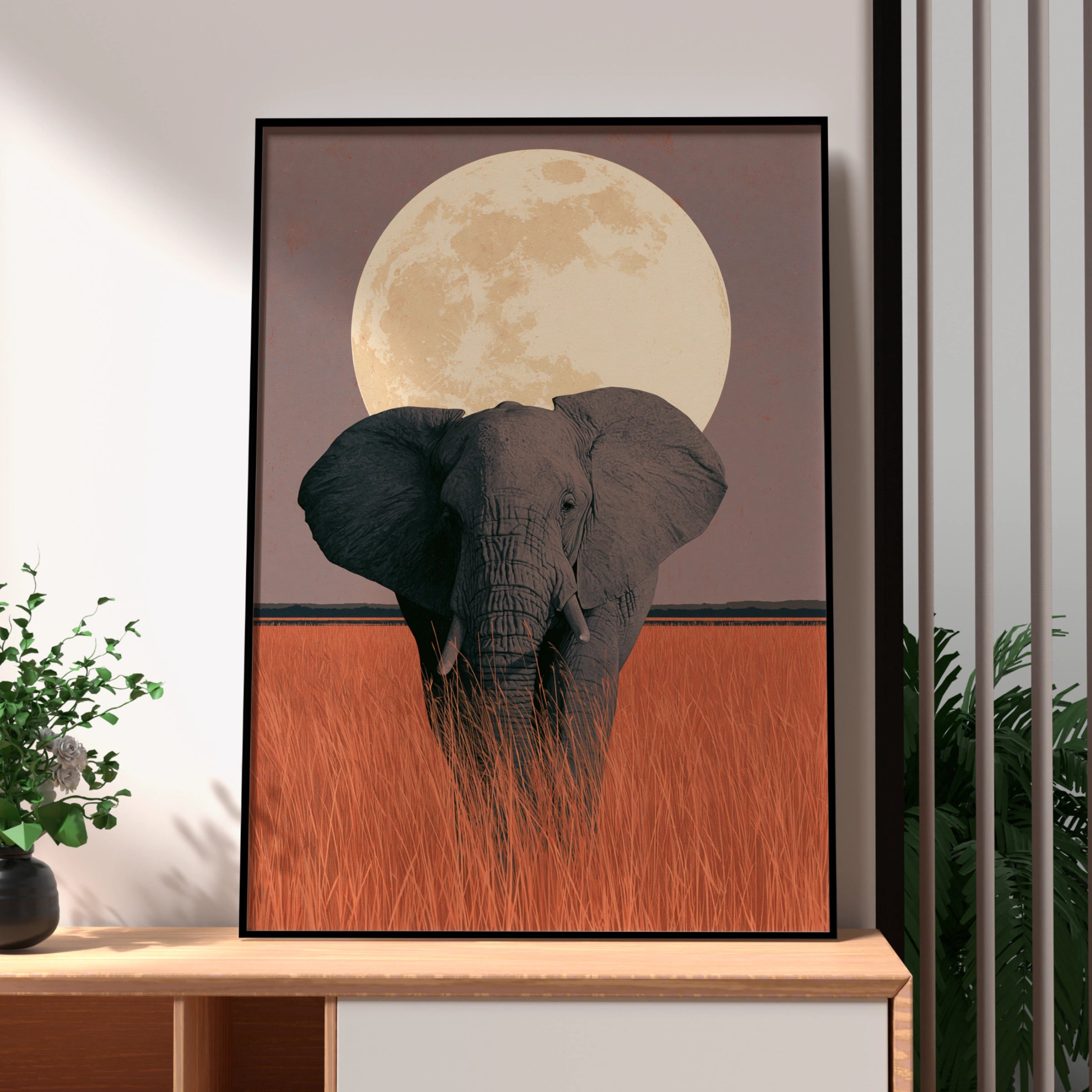 Elephant Under Full Moon, Art Print, Wildlife Poster, Nature Decor